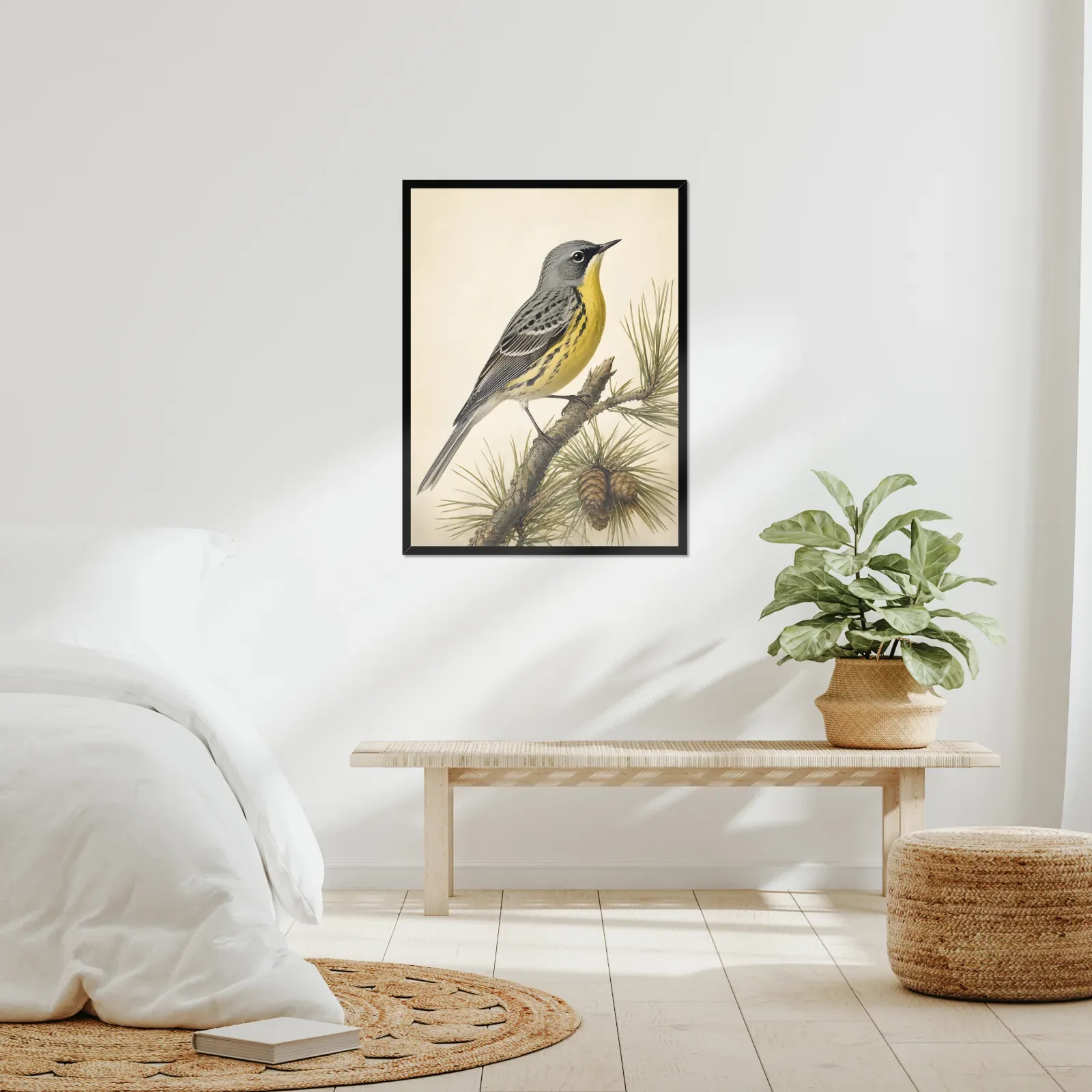 Kirtland's Warbler Print framed at 24x30 inches, shown on a wall to scale