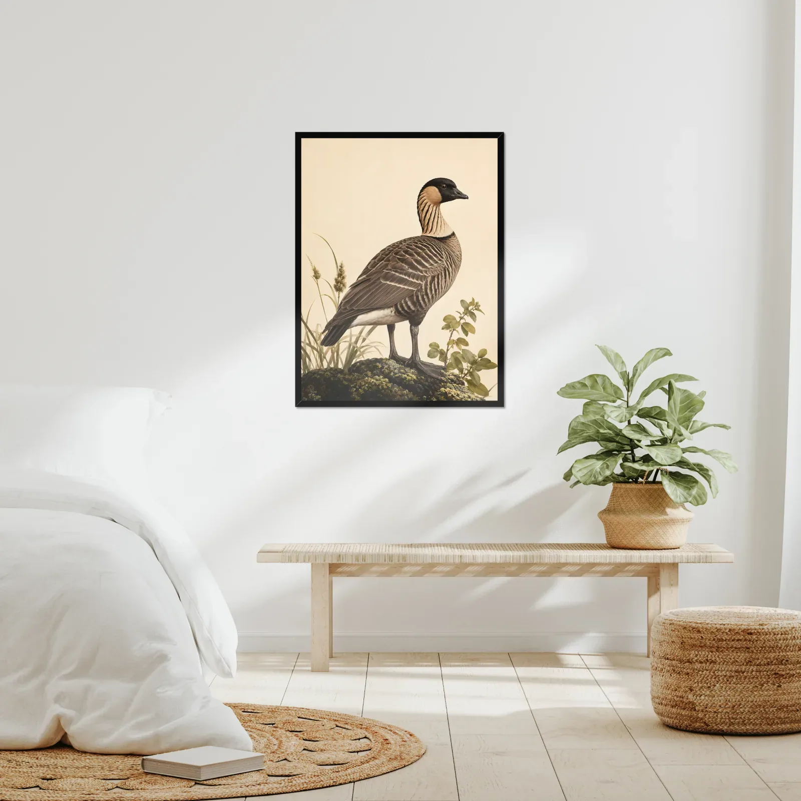 Koloa Maoli / Hawaiian Duck Print framed at 24x30 inches, shown on a wall to scale