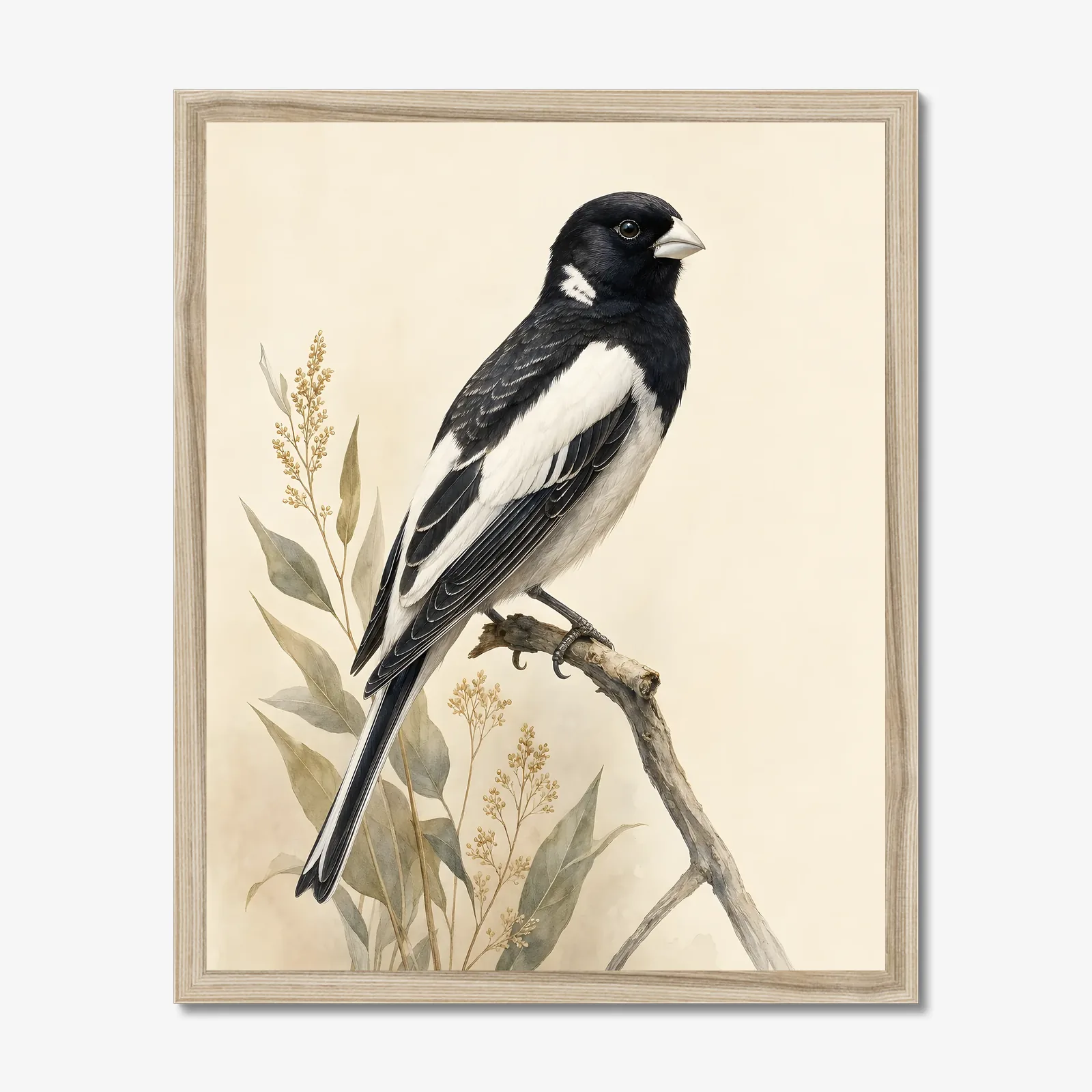 Lark Bunting Print - Black and White Prairie Bird Art in a natural frame