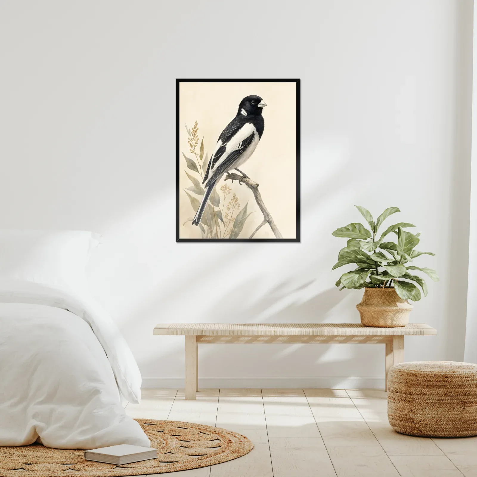 Lark Bunting Print - Black and White Prairie Bird Art framed at 24x30 inches, shown on a wall to scale