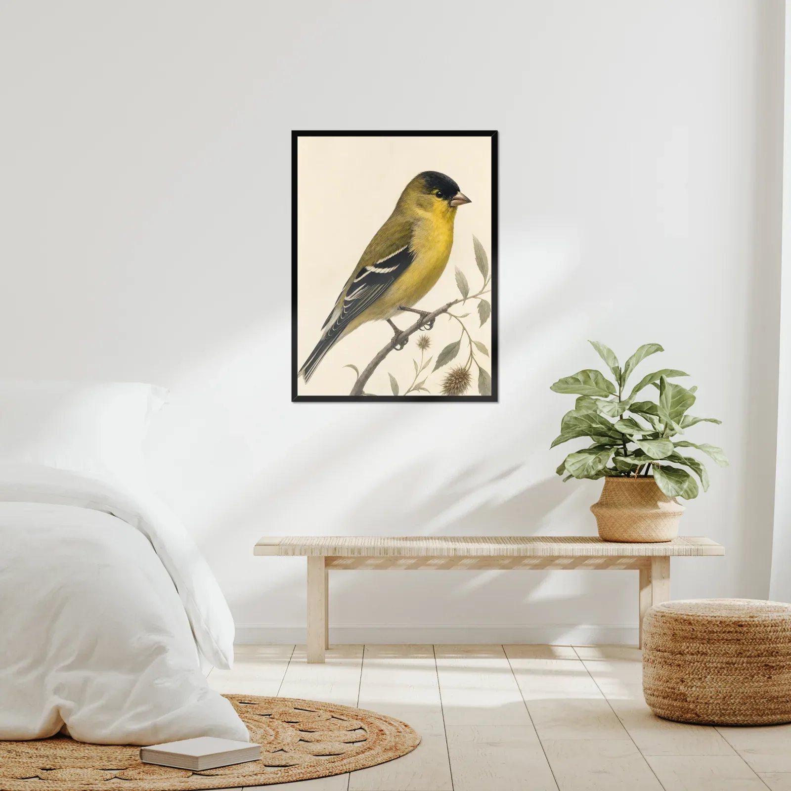 Lesser Goldfinch Print framed at 24x30 inches, shown on a wall to scale