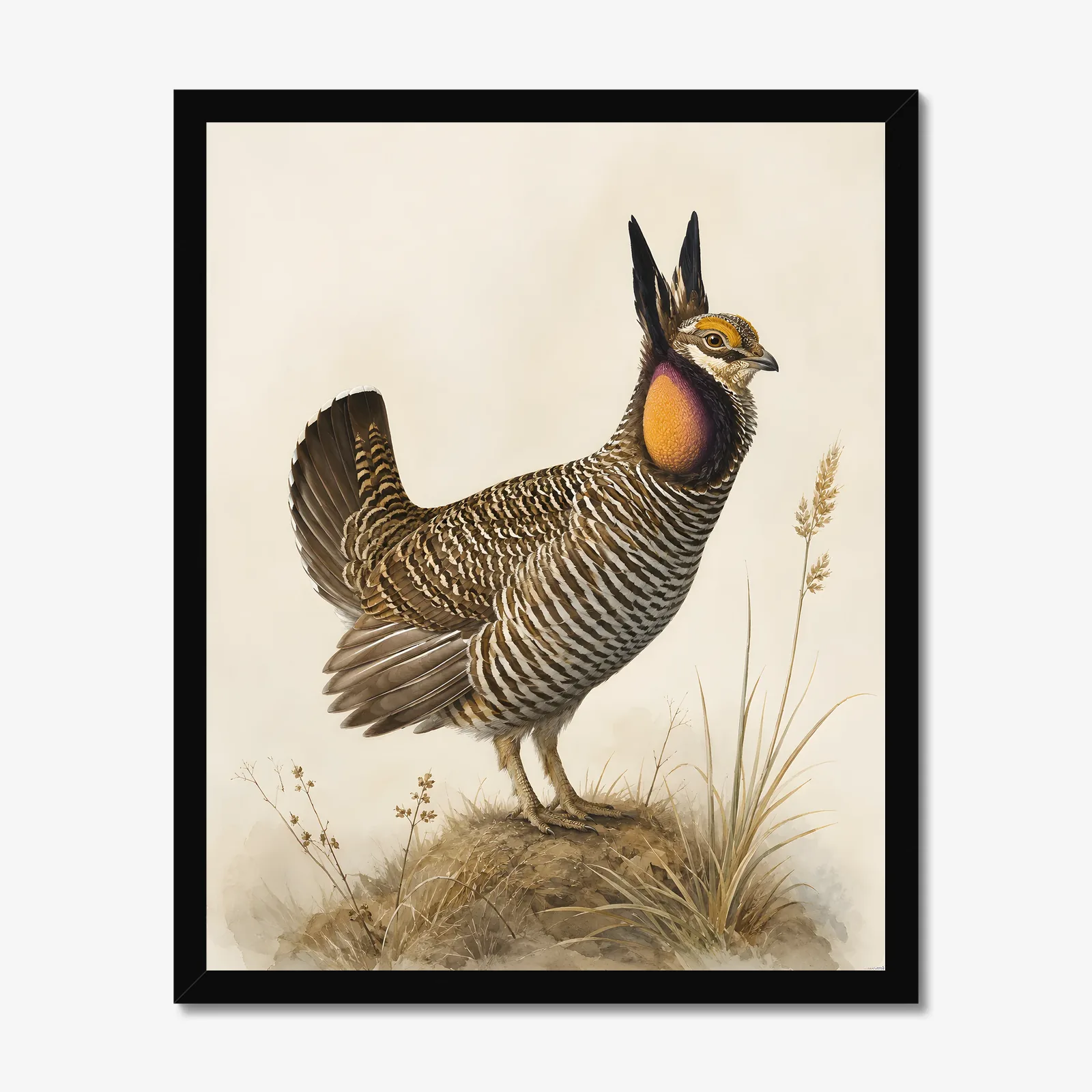 Lesser Prairie Chicken Print in a black frame