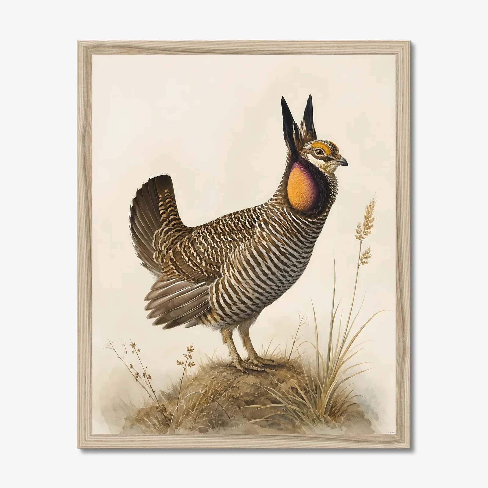 Lesser Prairie Chicken Print in a natural frame
