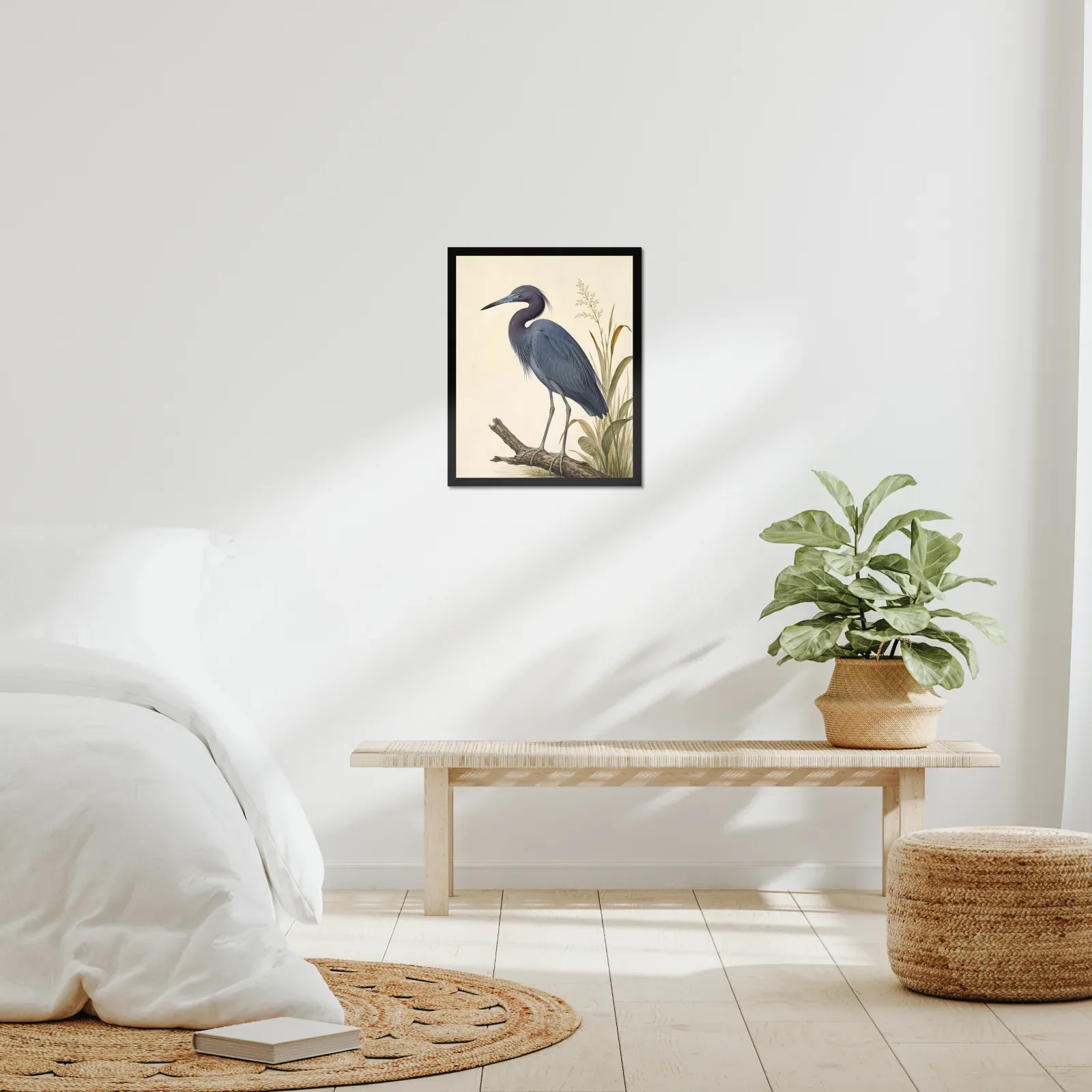 Little Blue Heron Print framed at 16x20 inches, shown on a wall to scale