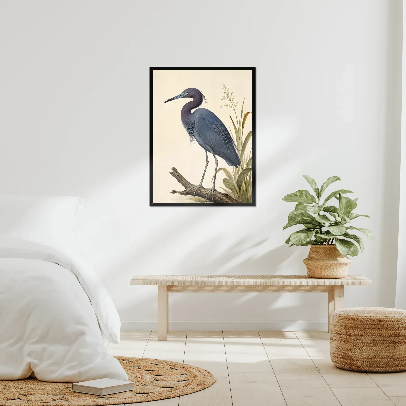 Little Blue Heron Print framed at 24x30 inches, shown on a wall to scale
