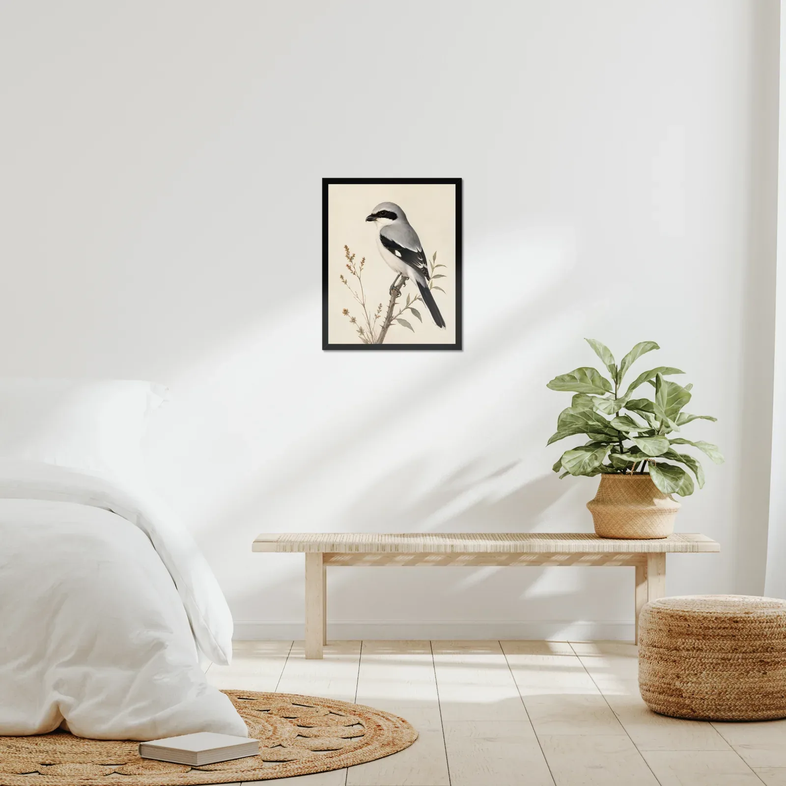 Loggerhead Shrike Print framed at 16x20 inches, shown on a wall to scale