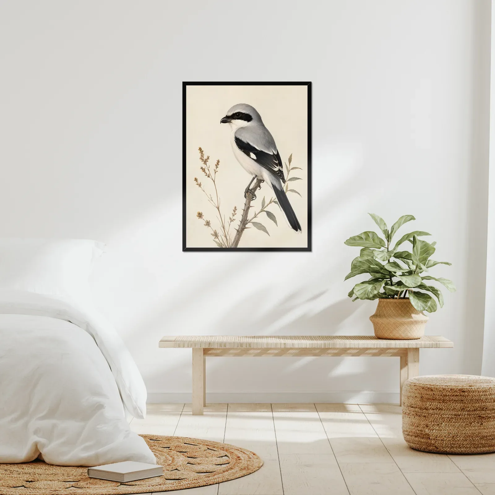 Loggerhead Shrike Print framed at 24x30 inches, shown on a wall to scale