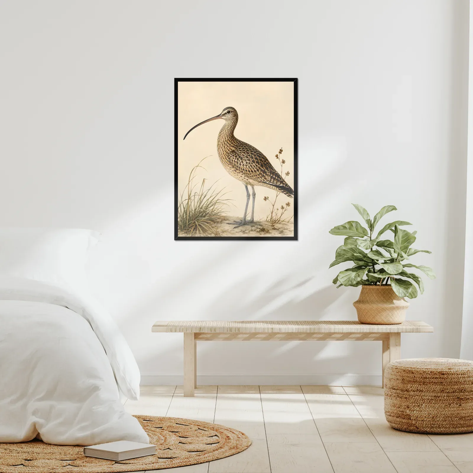 Long-billed Curlew Print framed at 24x30 inches, shown on a wall to scale