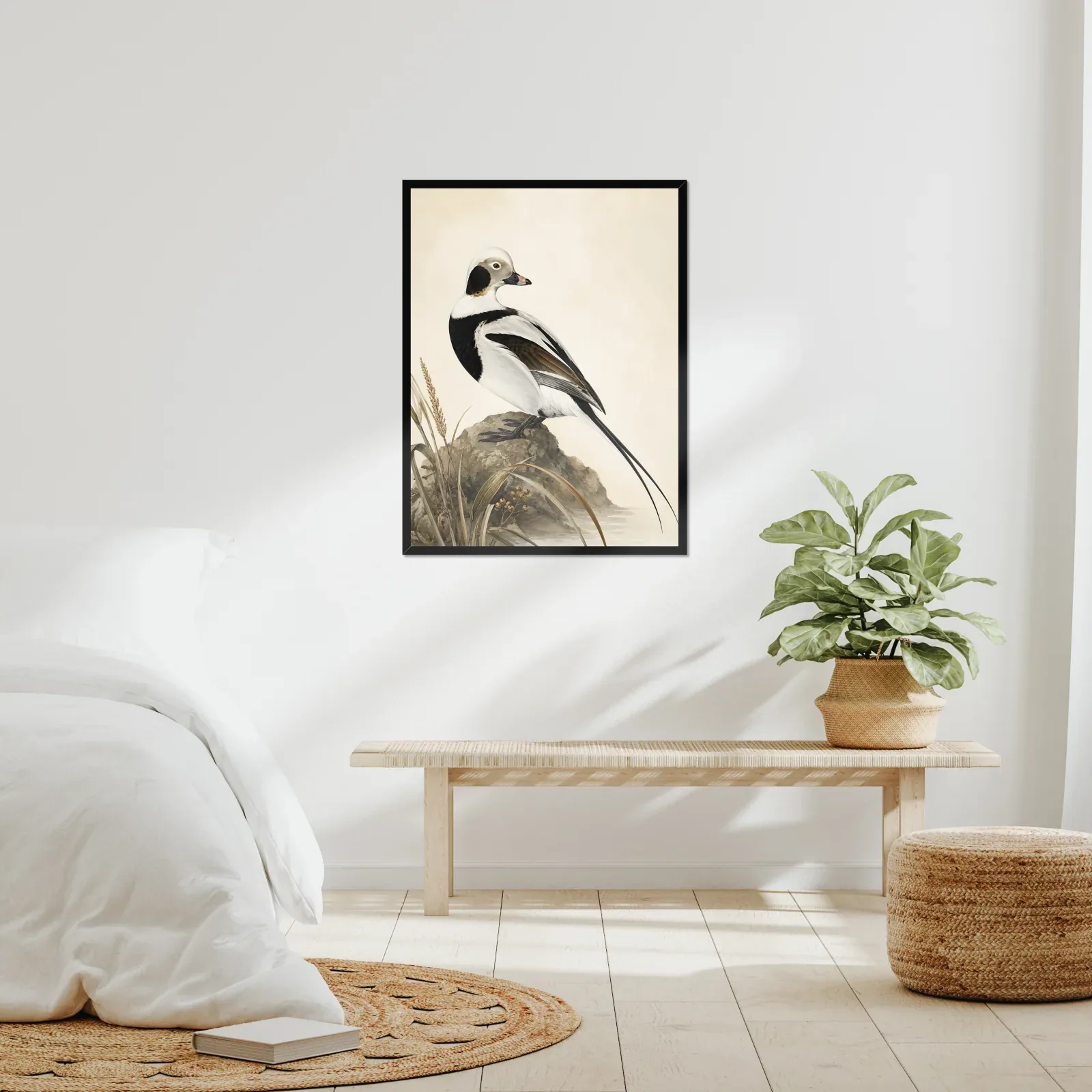 Long-tailed Duck Print framed at 24x30 inches, shown on a wall to scale