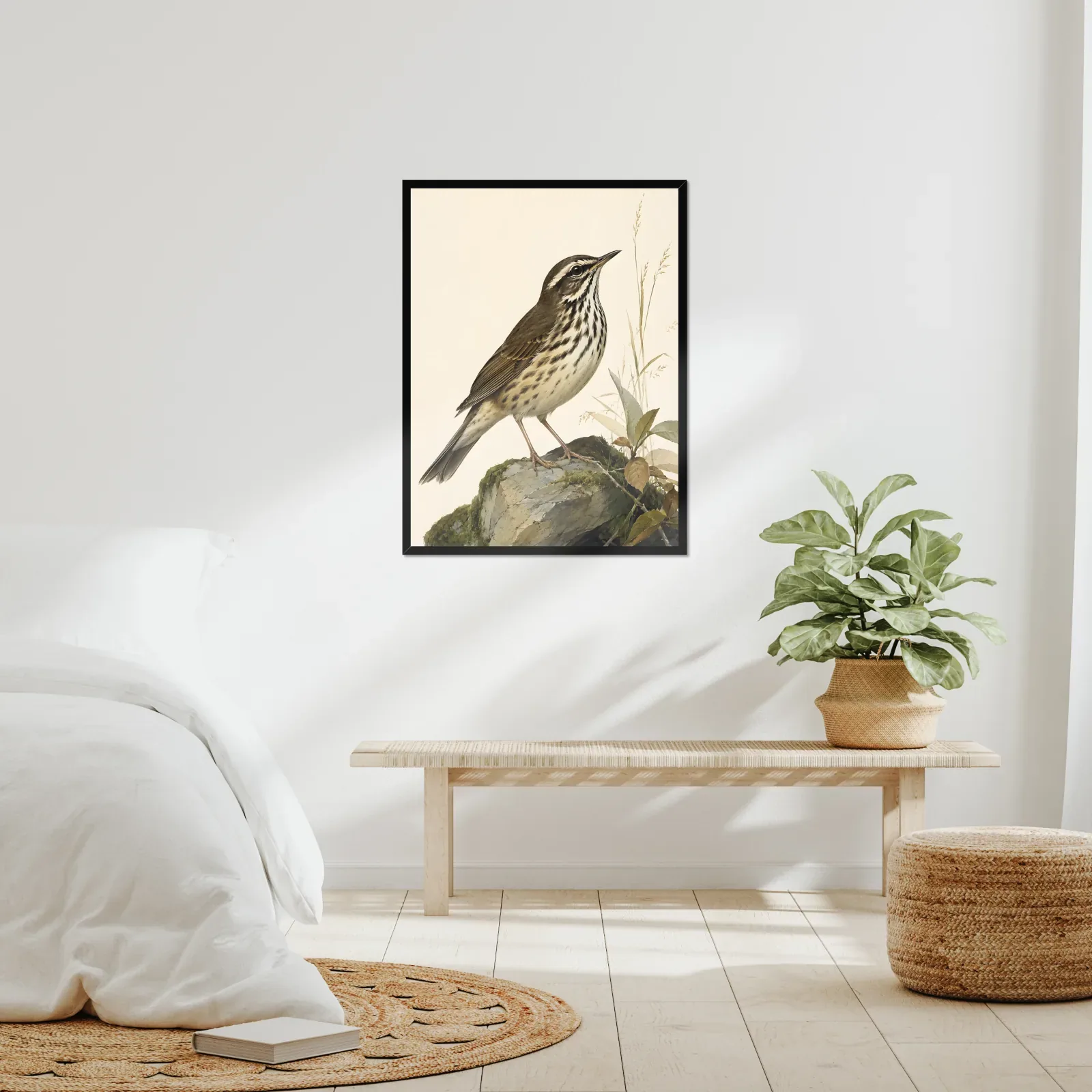 Louisiana Waterthrush Print framed at 24x30 inches, shown on a wall to scale