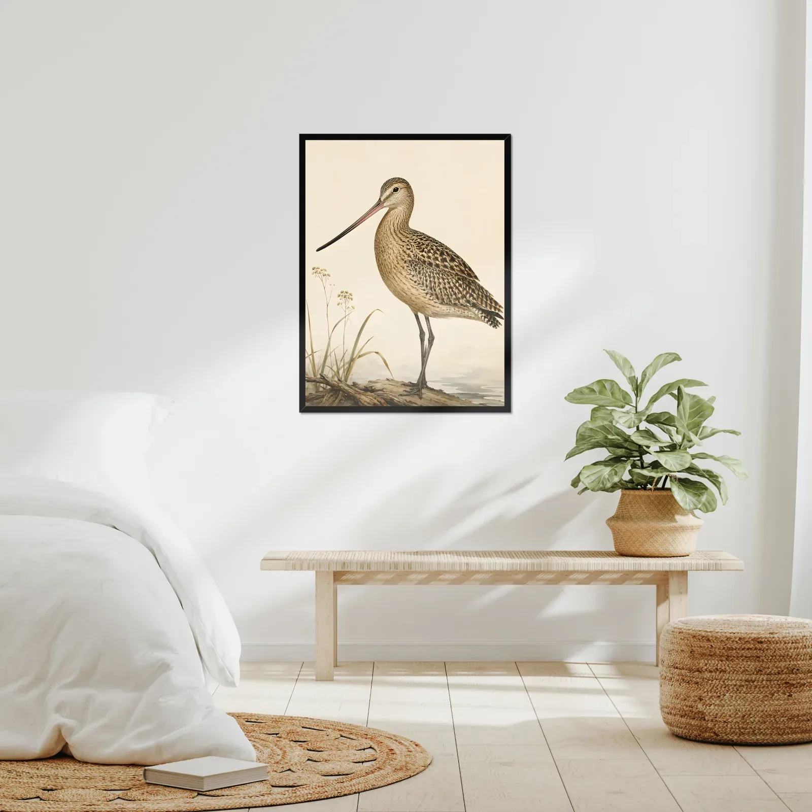 Marbled Godwit Print framed at 24x30 inches, shown on a wall to scale