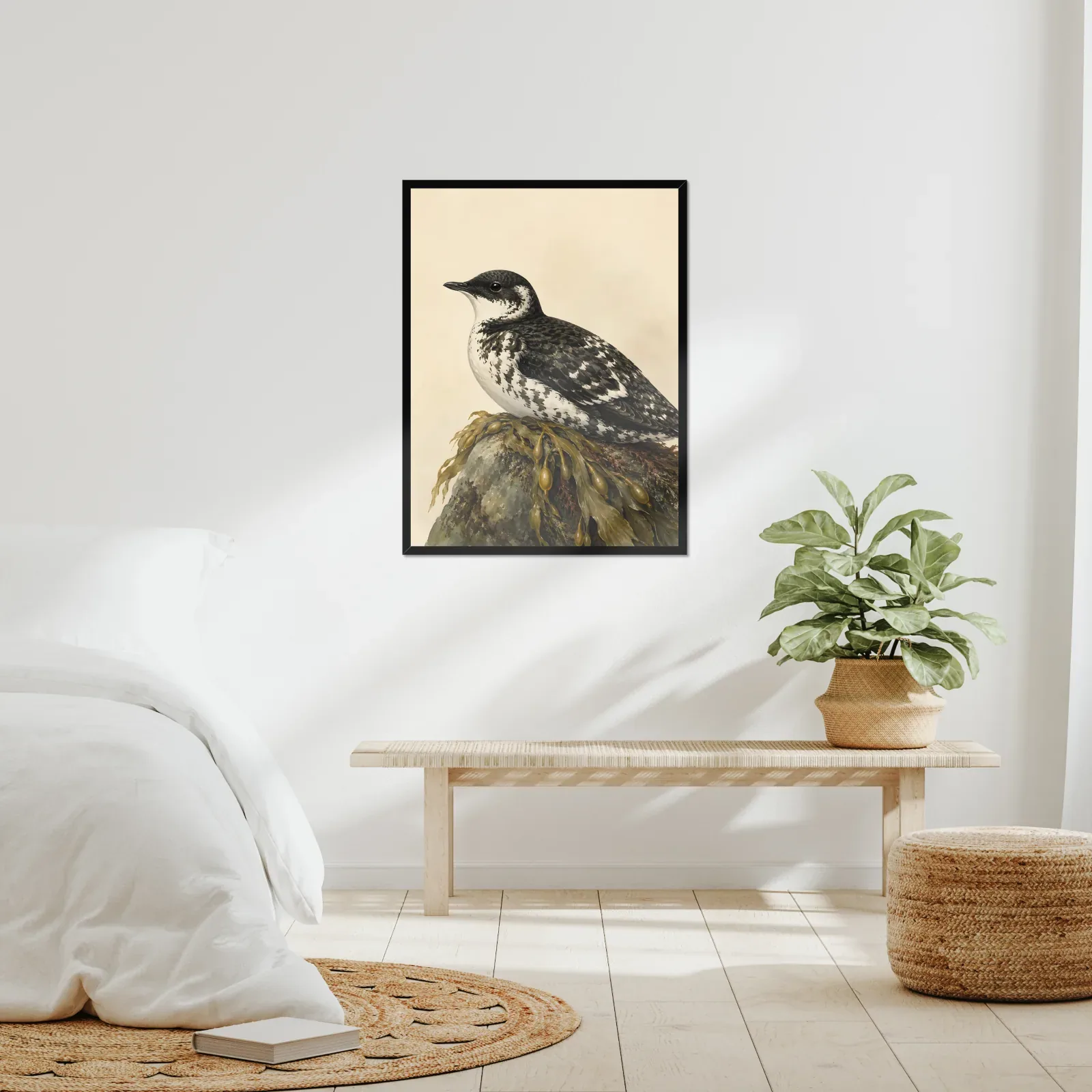 Marbled Murrelet Print framed at 24x30 inches, shown on a wall to scale