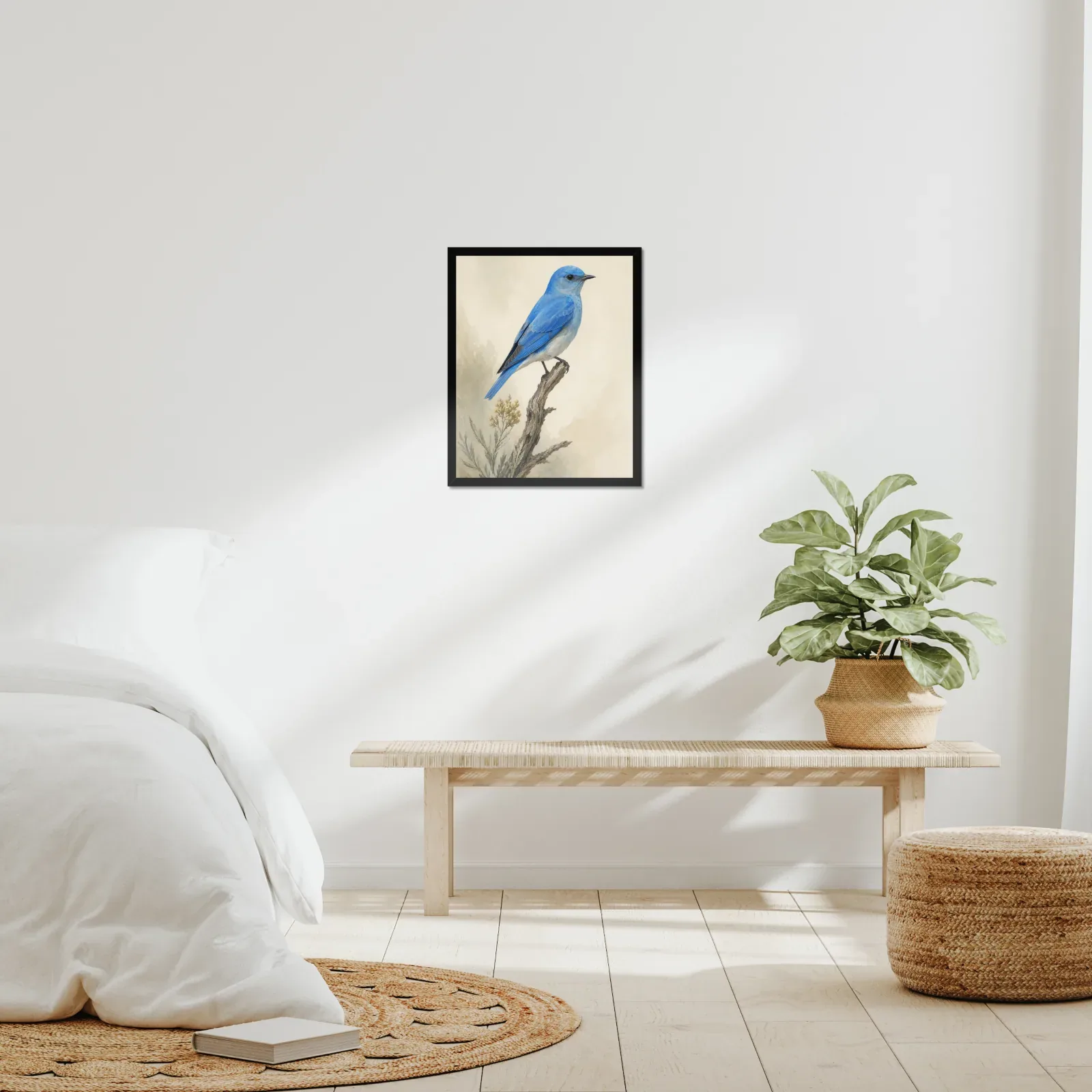 Mountain Bluebird Print framed at 16x20 inches, shown on a wall to scale