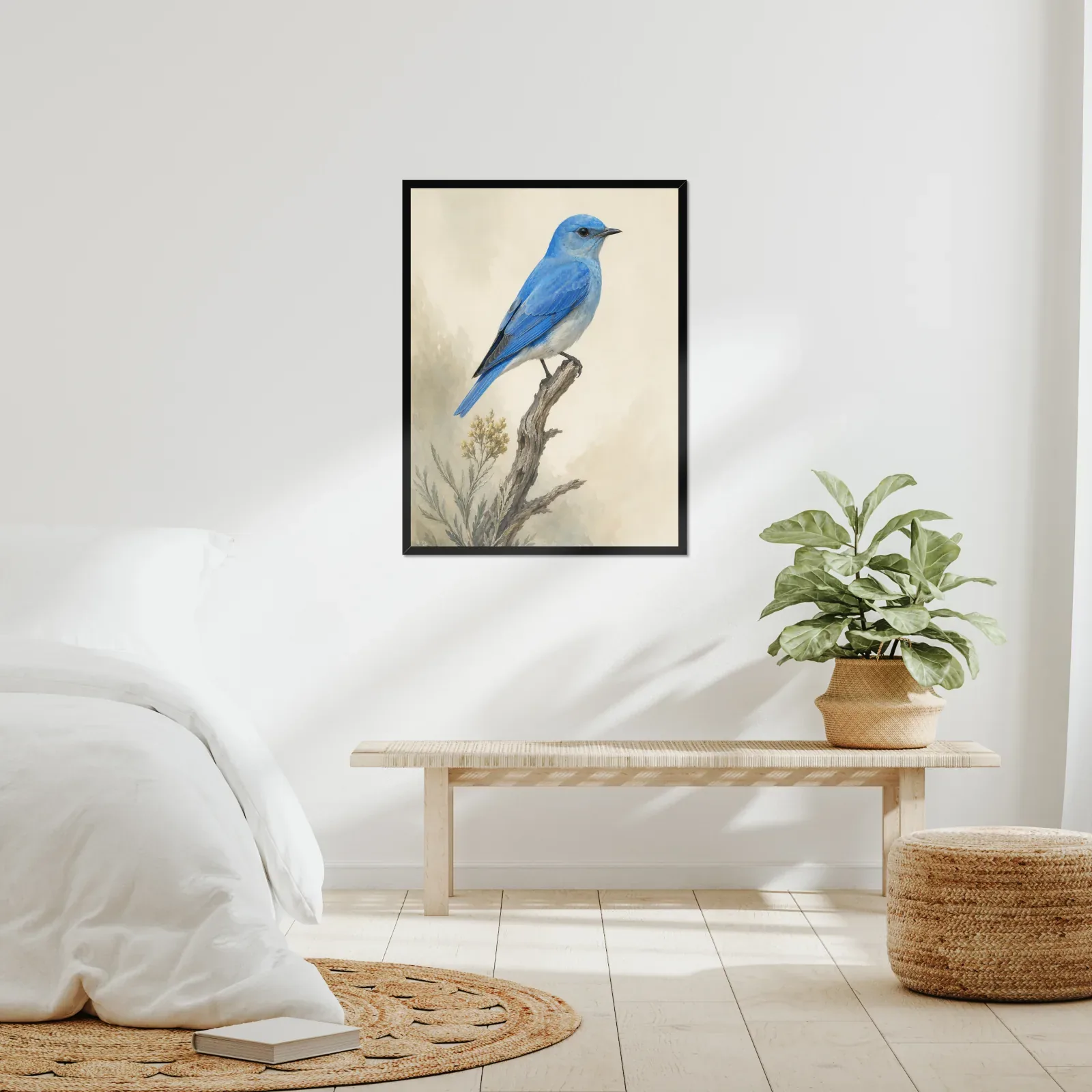 A framed bird print in a real room