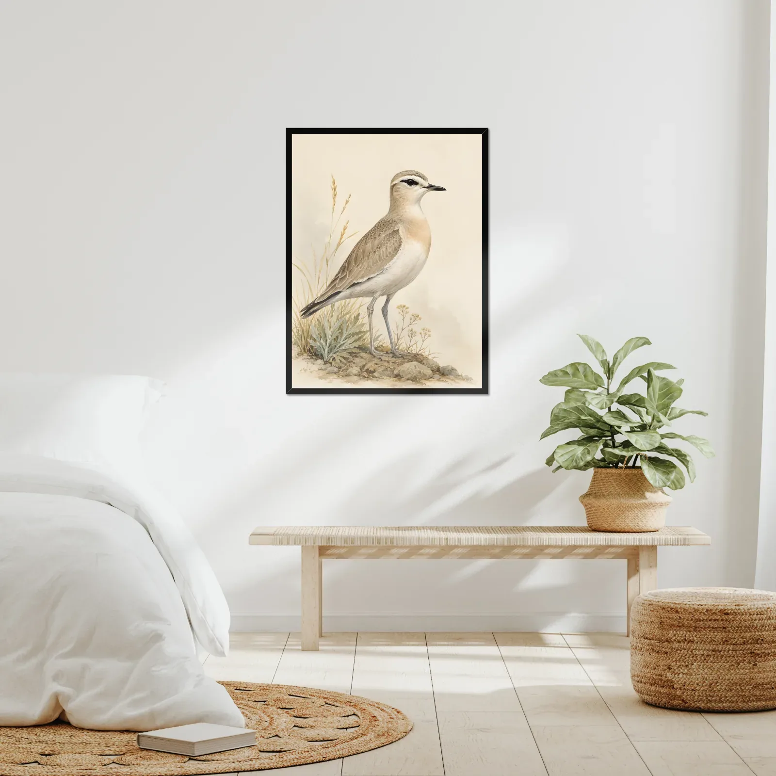 Mountain Plover Print framed at 24x30 inches, shown on a wall to scale