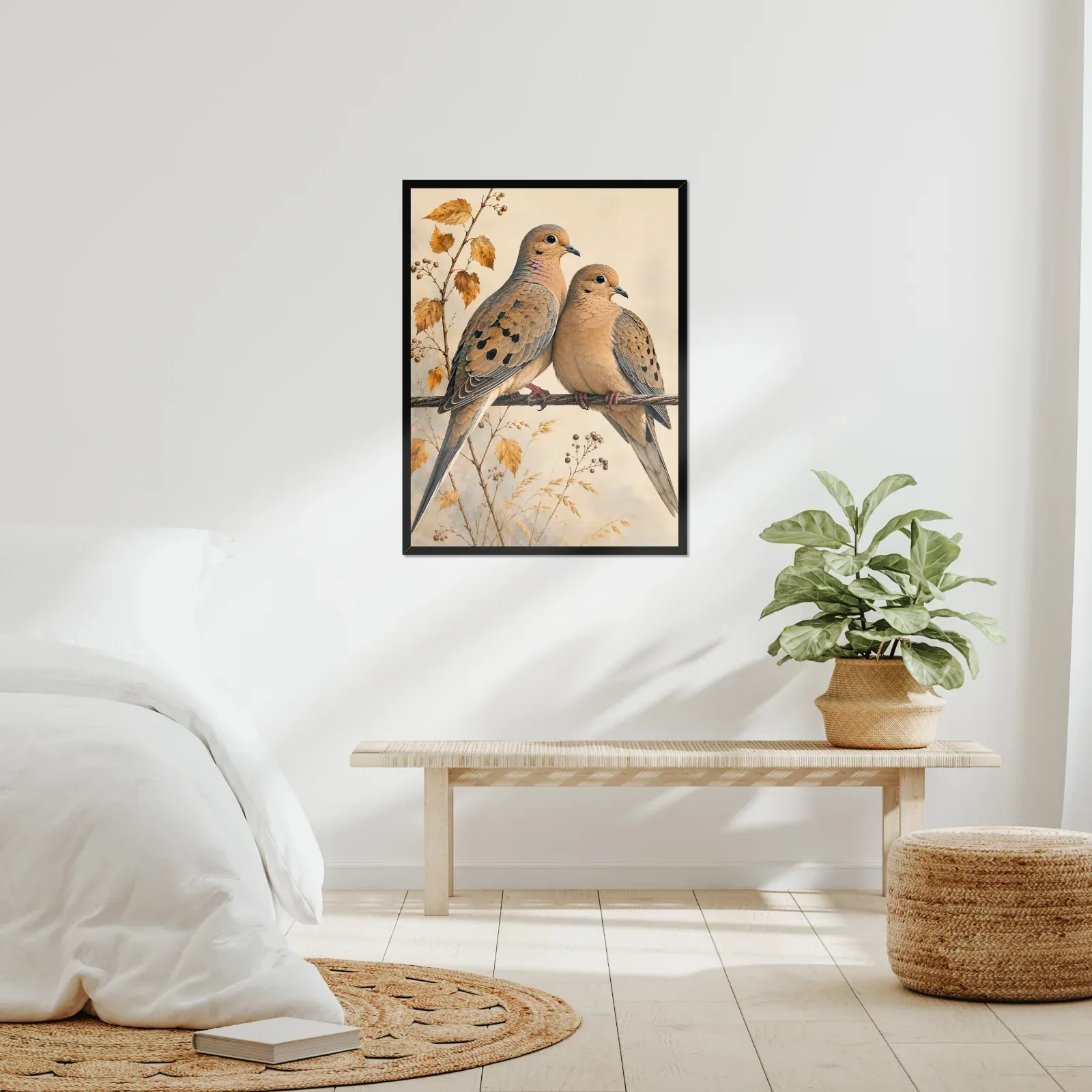 A framed bird print in a real room