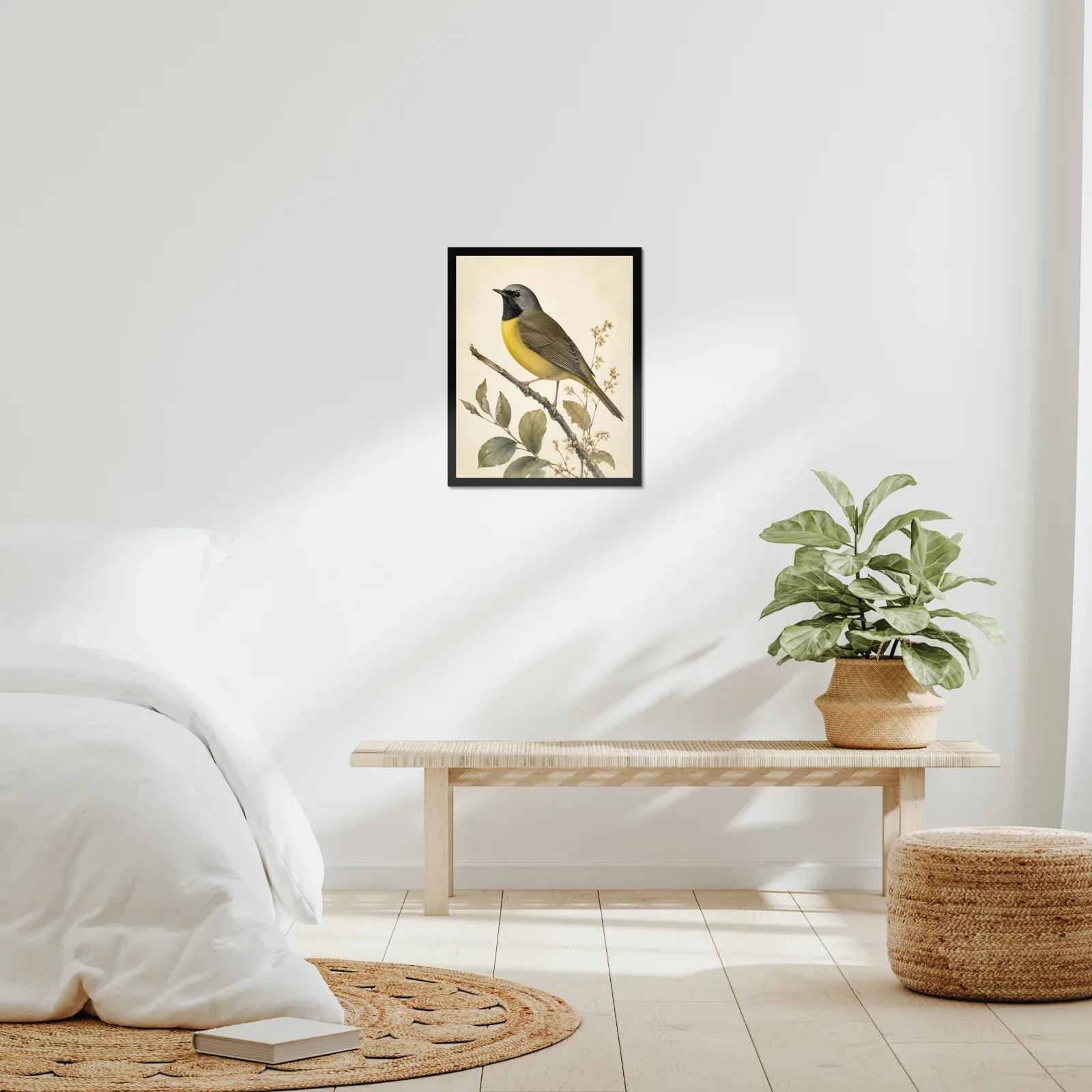 Mourning Warbler Print framed at 16x20 inches, shown on a wall to scale