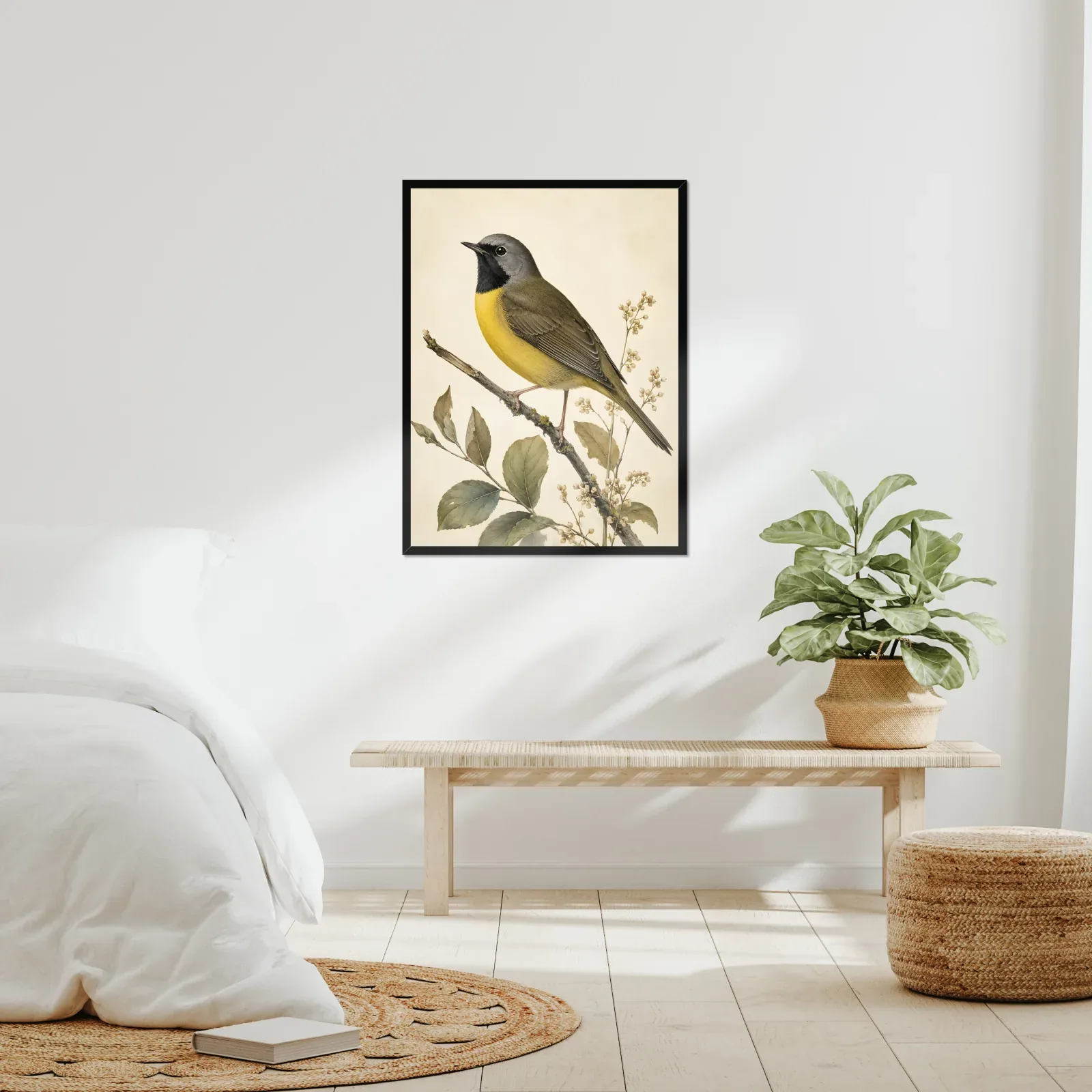 Mourning Warbler Print framed at 24x30 inches, shown on a wall to scale