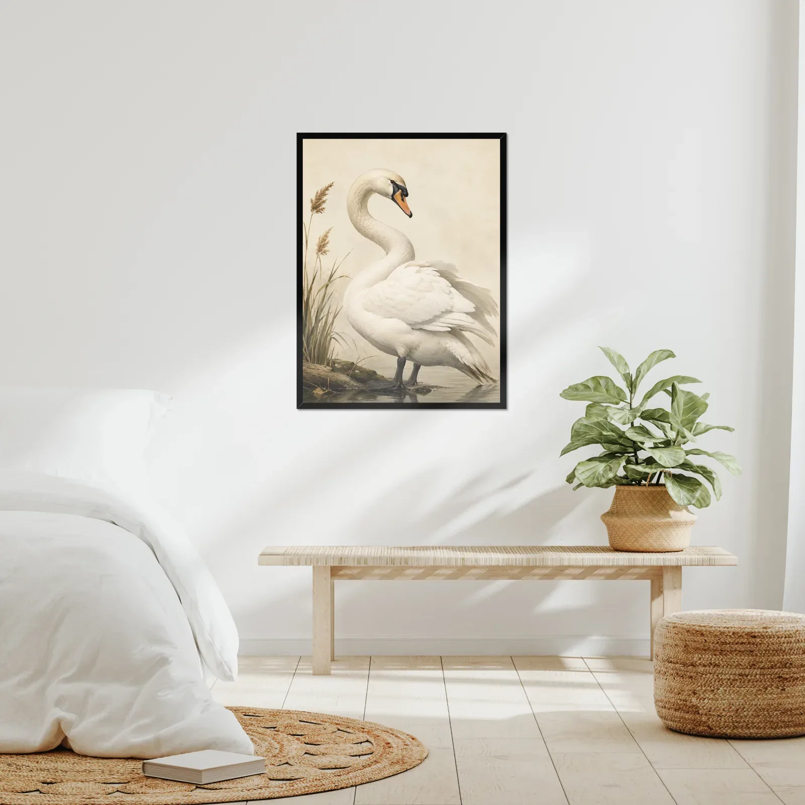 Mute Swan Print framed at 24x30 inches, shown on a wall to scale