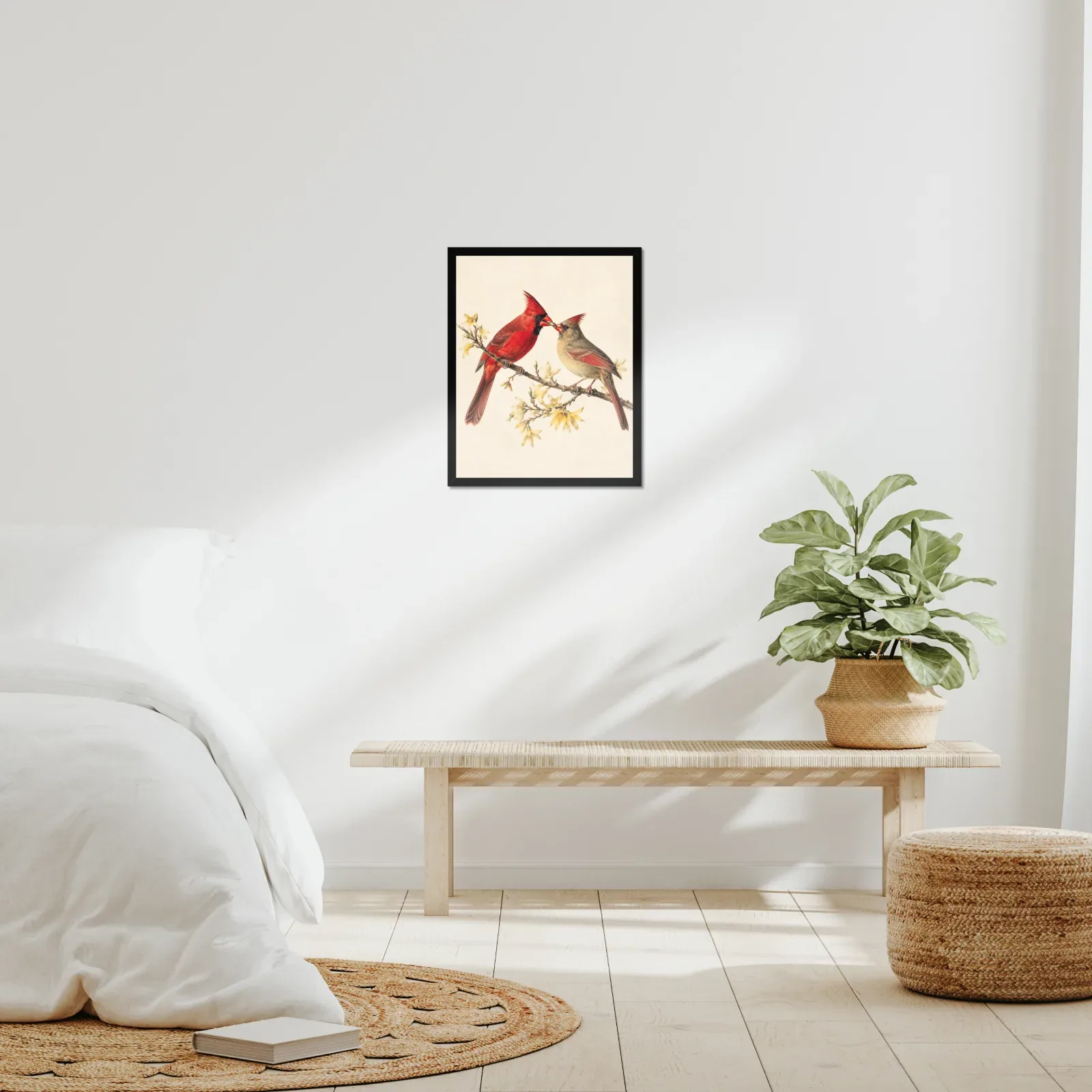 Northern Cardinal Print - Courtship Feeding No. 2 framed at 16x20 inches, shown on a wall to scale