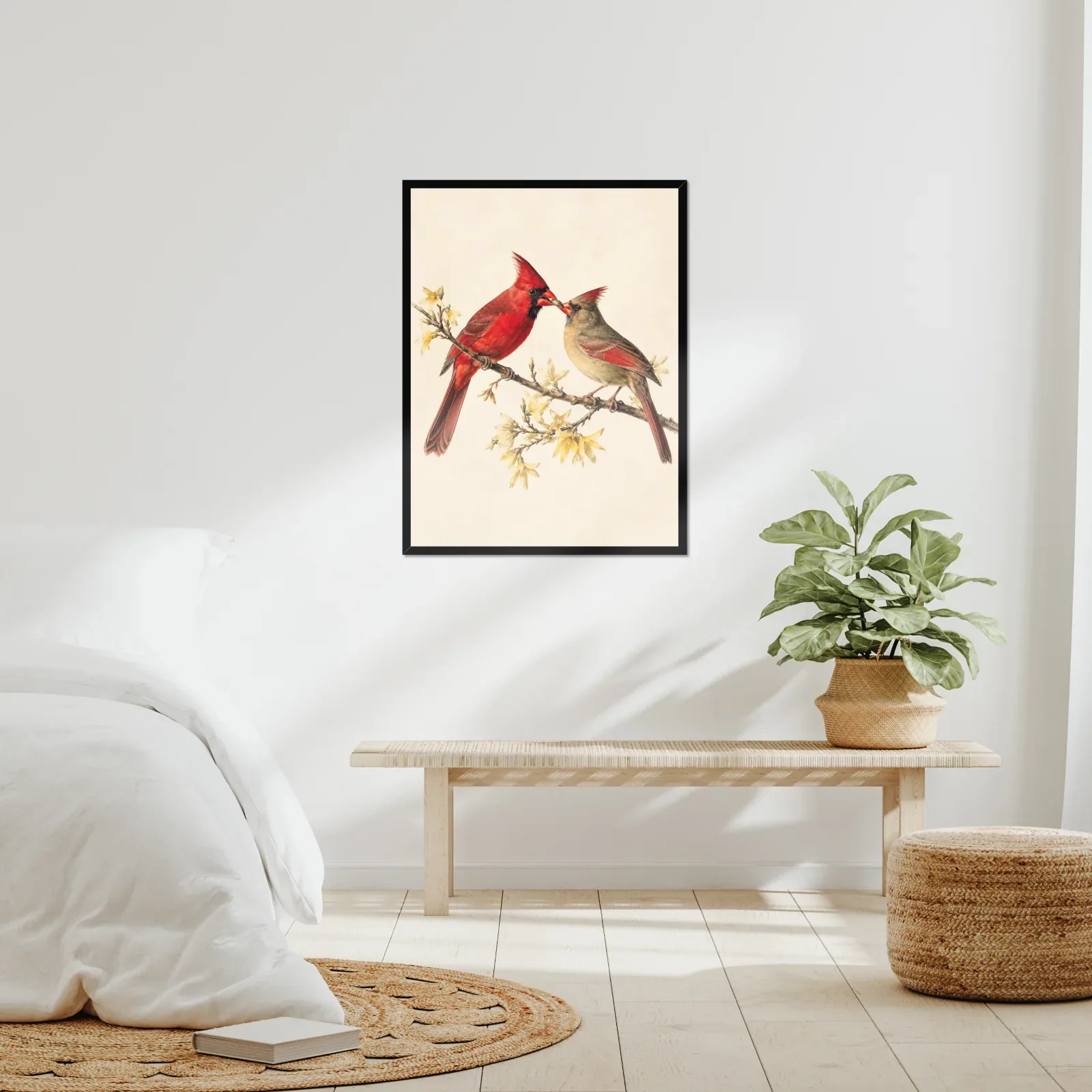 Northern Cardinal Print - Courtship Feeding No. 2 framed at 24x30 inches, shown on a wall to scale