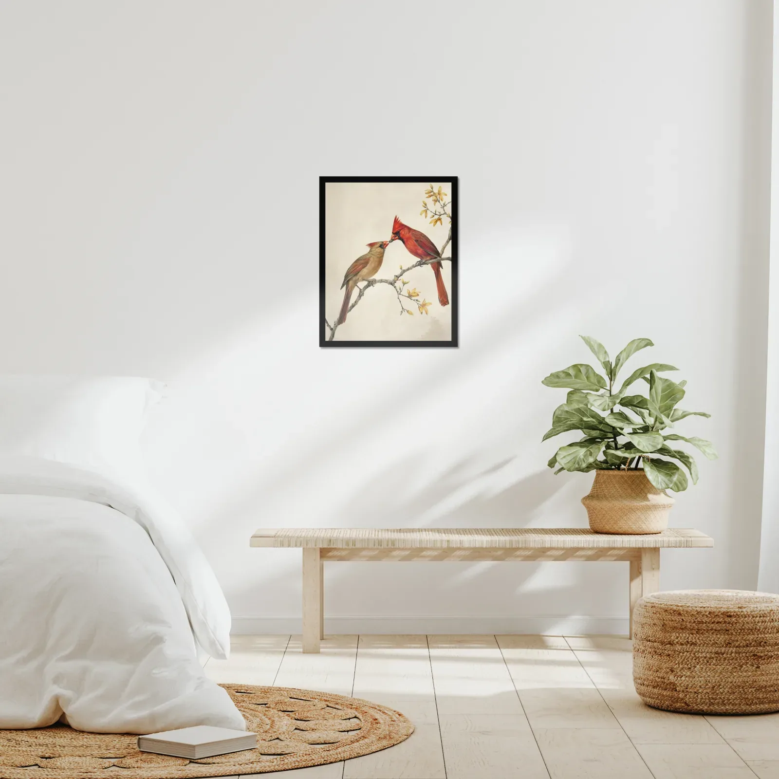 Northern Cardinal Print - Courtship Feeding framed at 16x20 inches, shown on a wall to scale