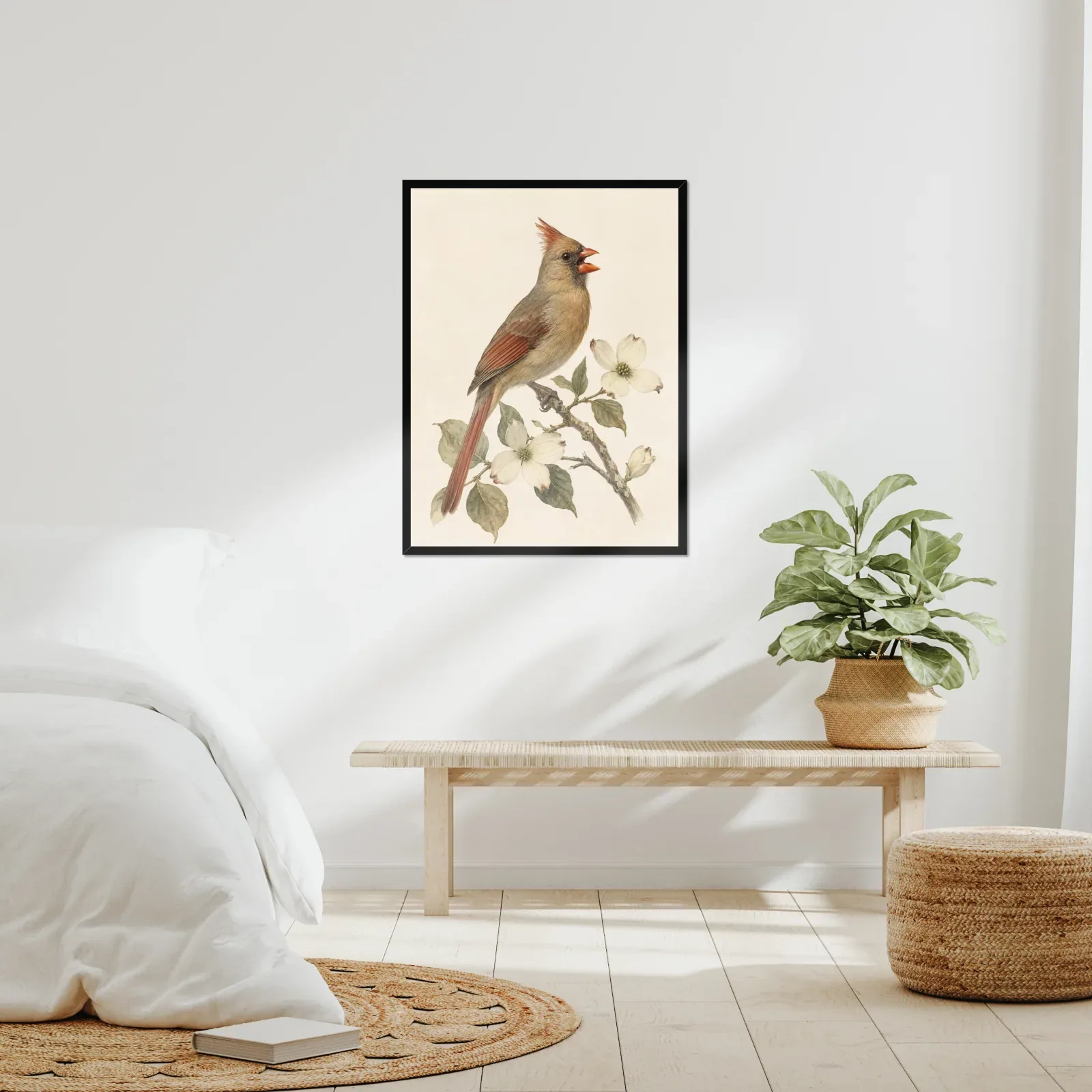 Northern Cardinal Print - Female Perched framed at 24x30 inches, shown on a wall to scale