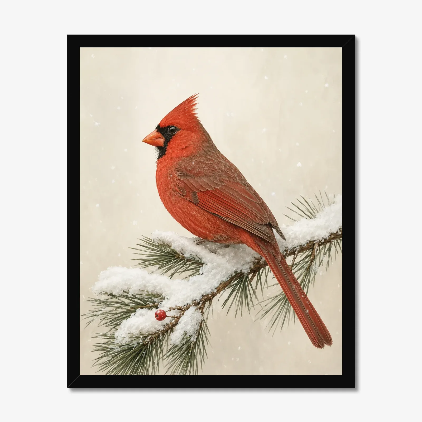 Northern Cardinal Print - Male in Snow in a black frame