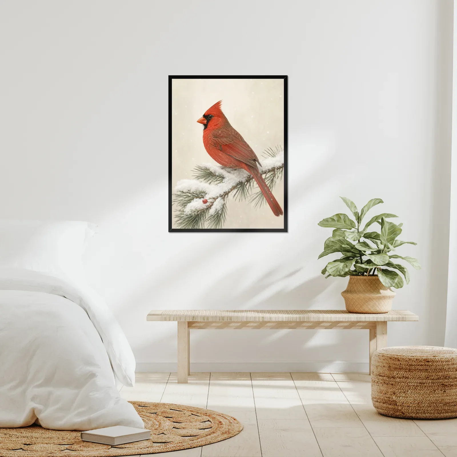 Northern Cardinal Print - Male in Snow framed at 24x30 inches, shown on a wall to scale