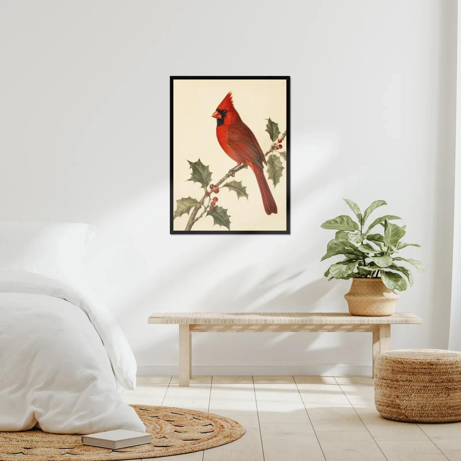 An Audubon-style bird print hung in a room, in a plain moulding