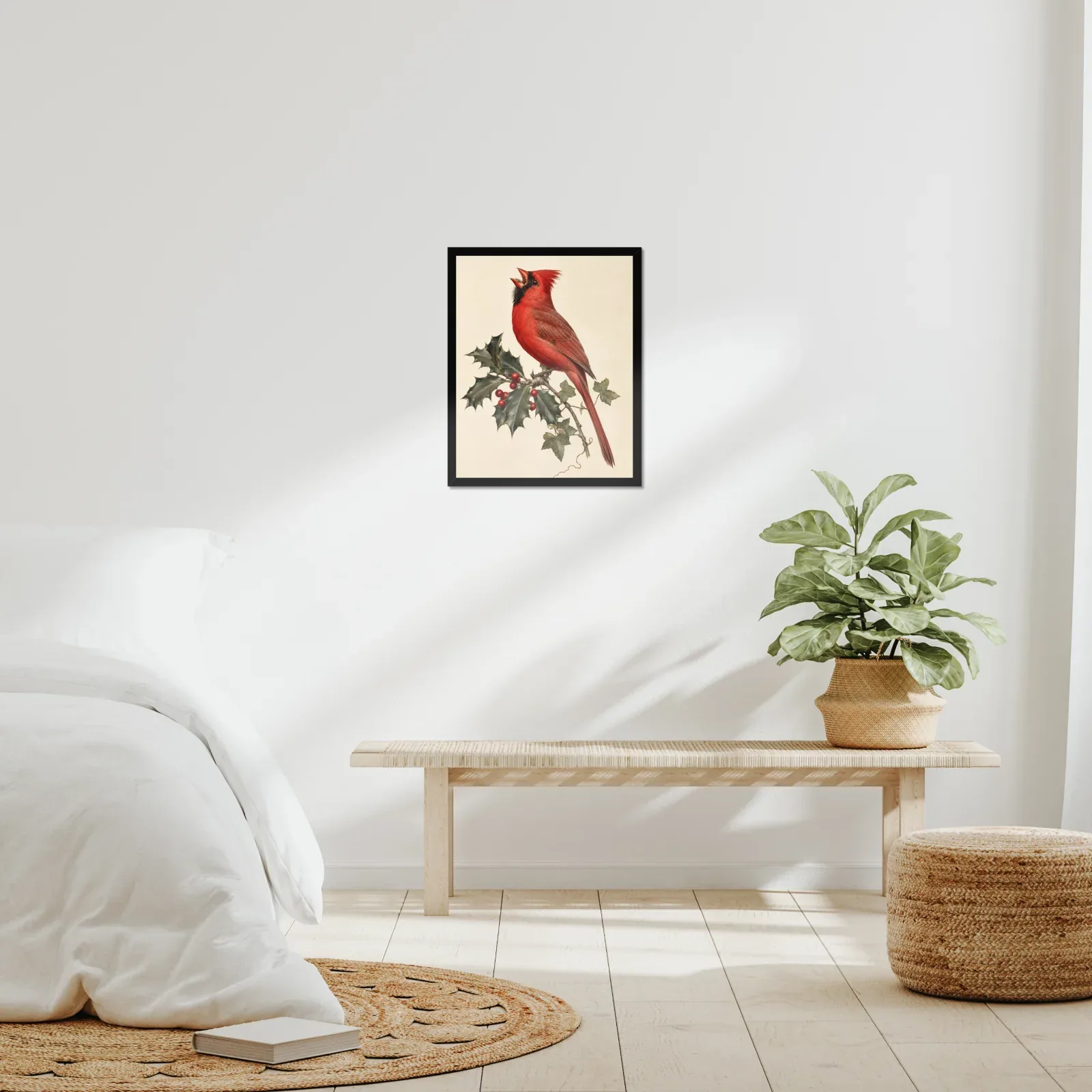 Northern Cardinal Print - Male on Christmas Holly framed at 16x20 inches, shown on a wall to scale