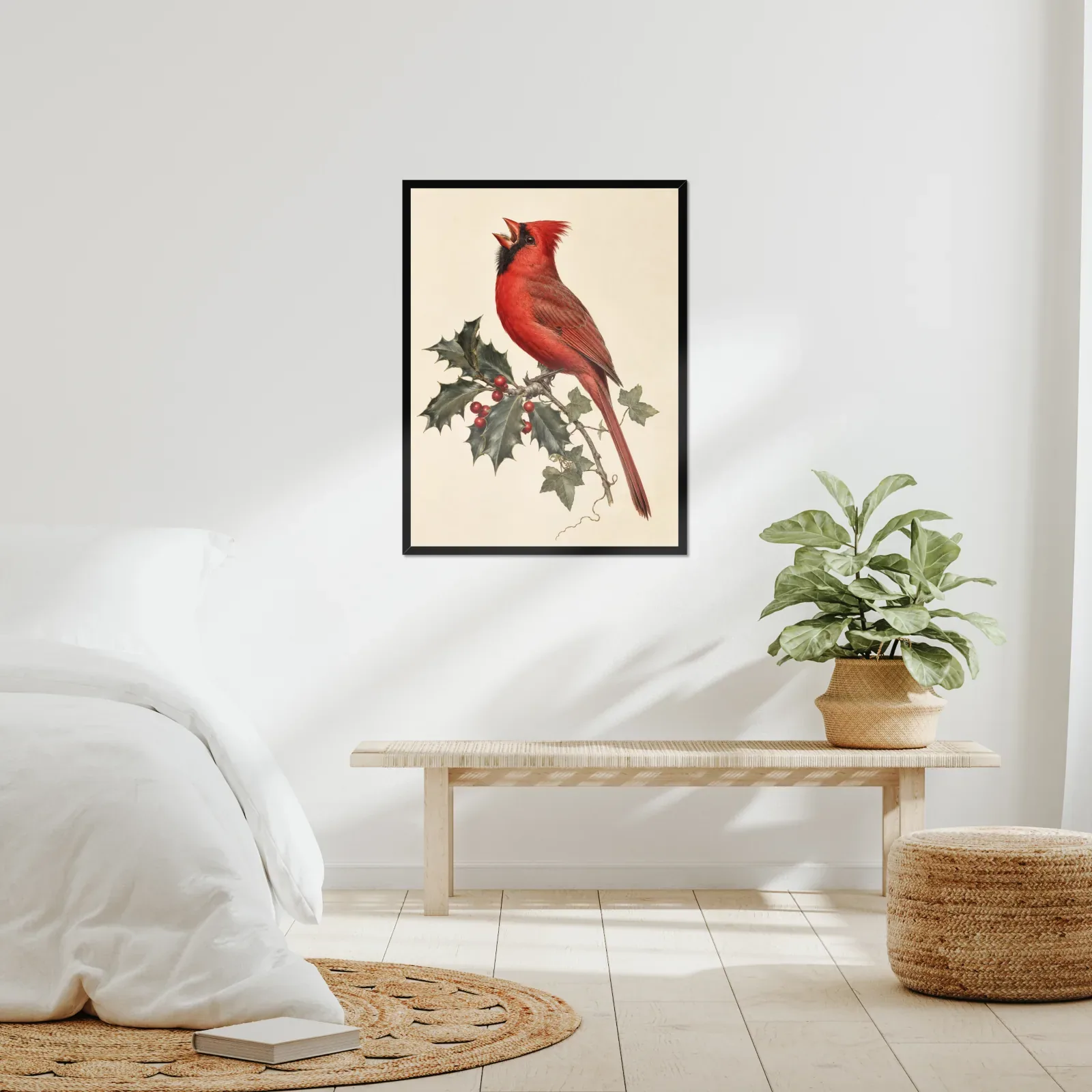 A framed bird print in a real room