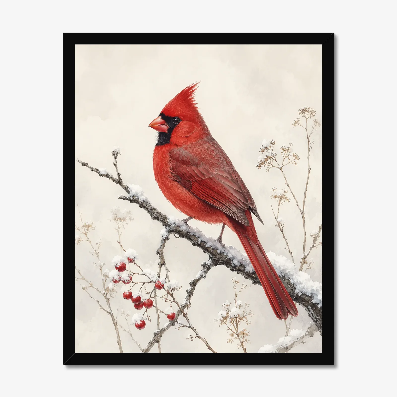 Cardinal in the Snow Print in a black frame