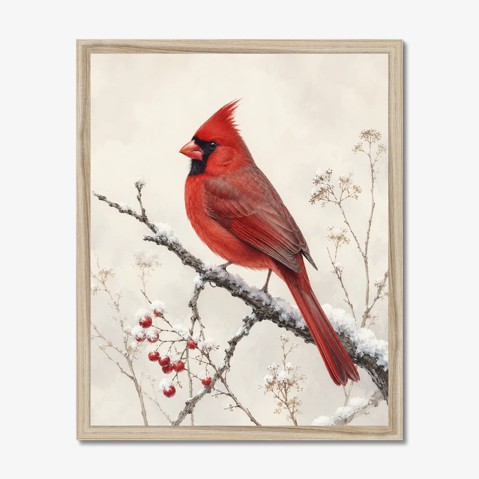 Cardinal in the Snow Print in a natural frame