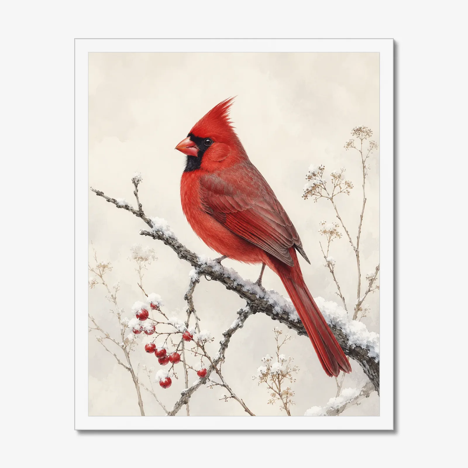 Cardinal in the Snow Print in a white frame