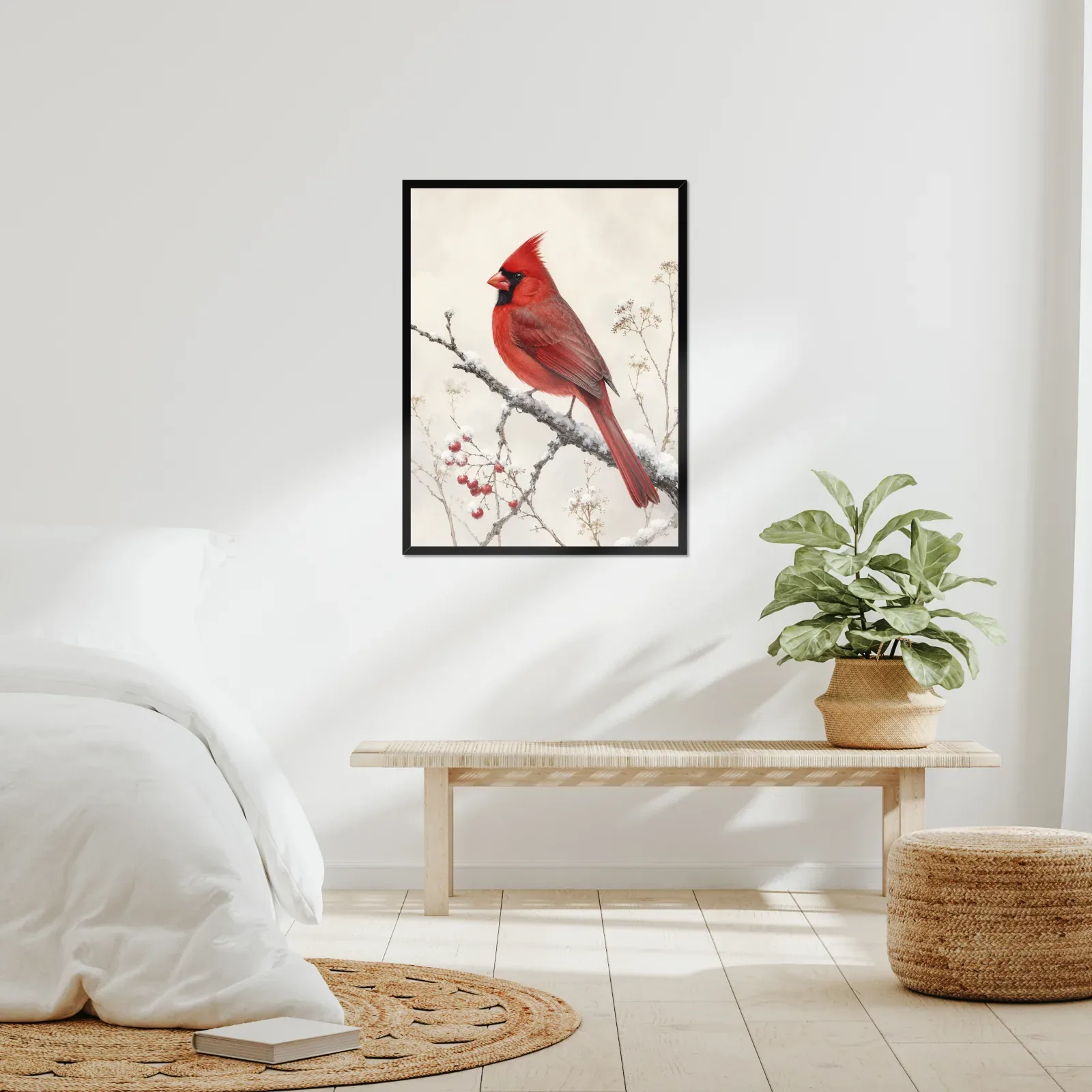 Cardinal in the Snow Print framed at 24x30 inches, shown on a wall to scale