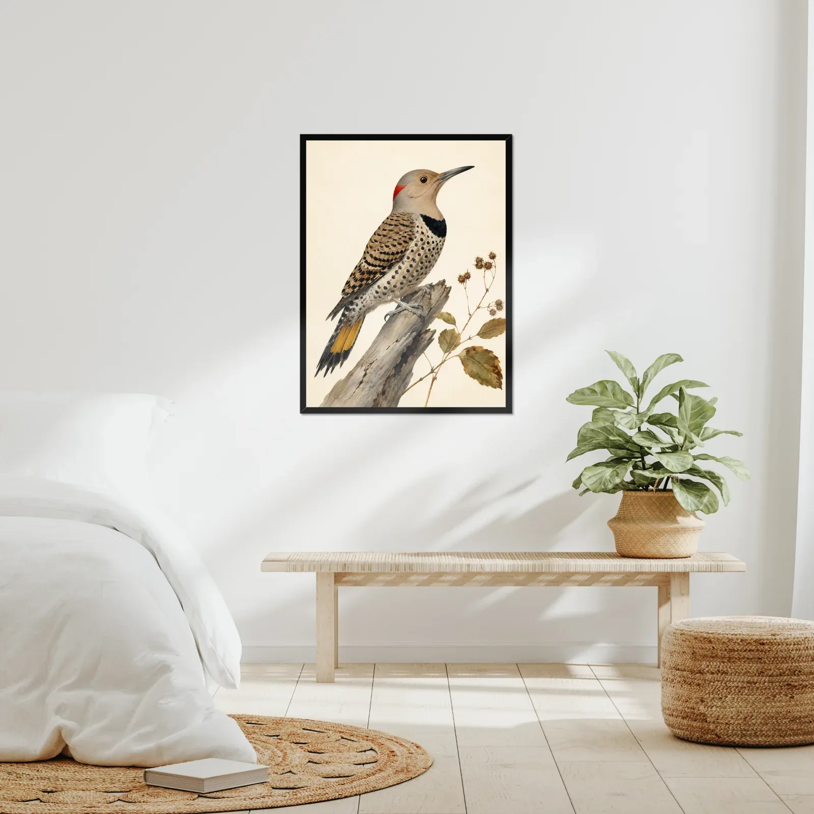 A framed bird print in a real room