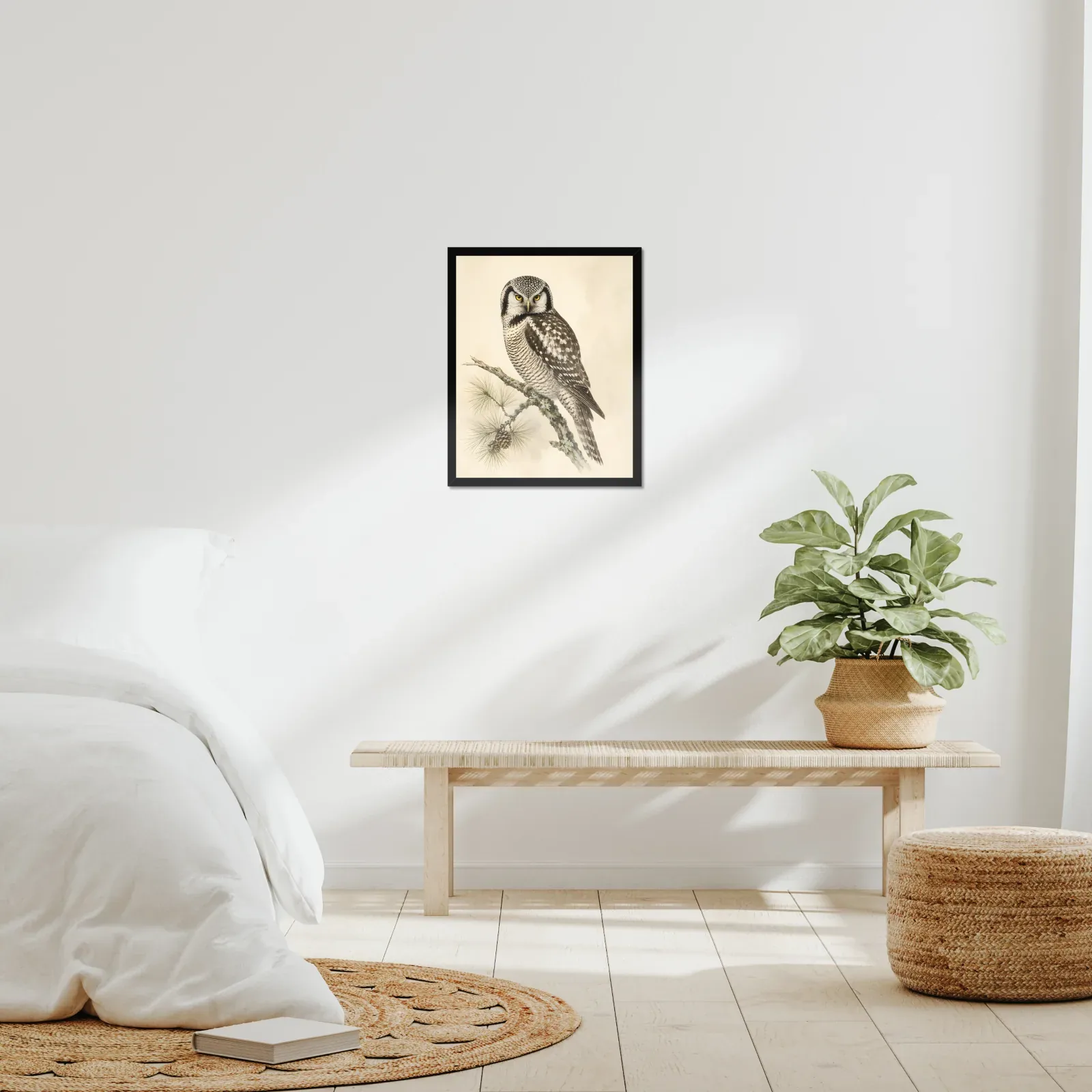 Northern Hawk Owl Print framed at 16x20 inches, shown on a wall to scale