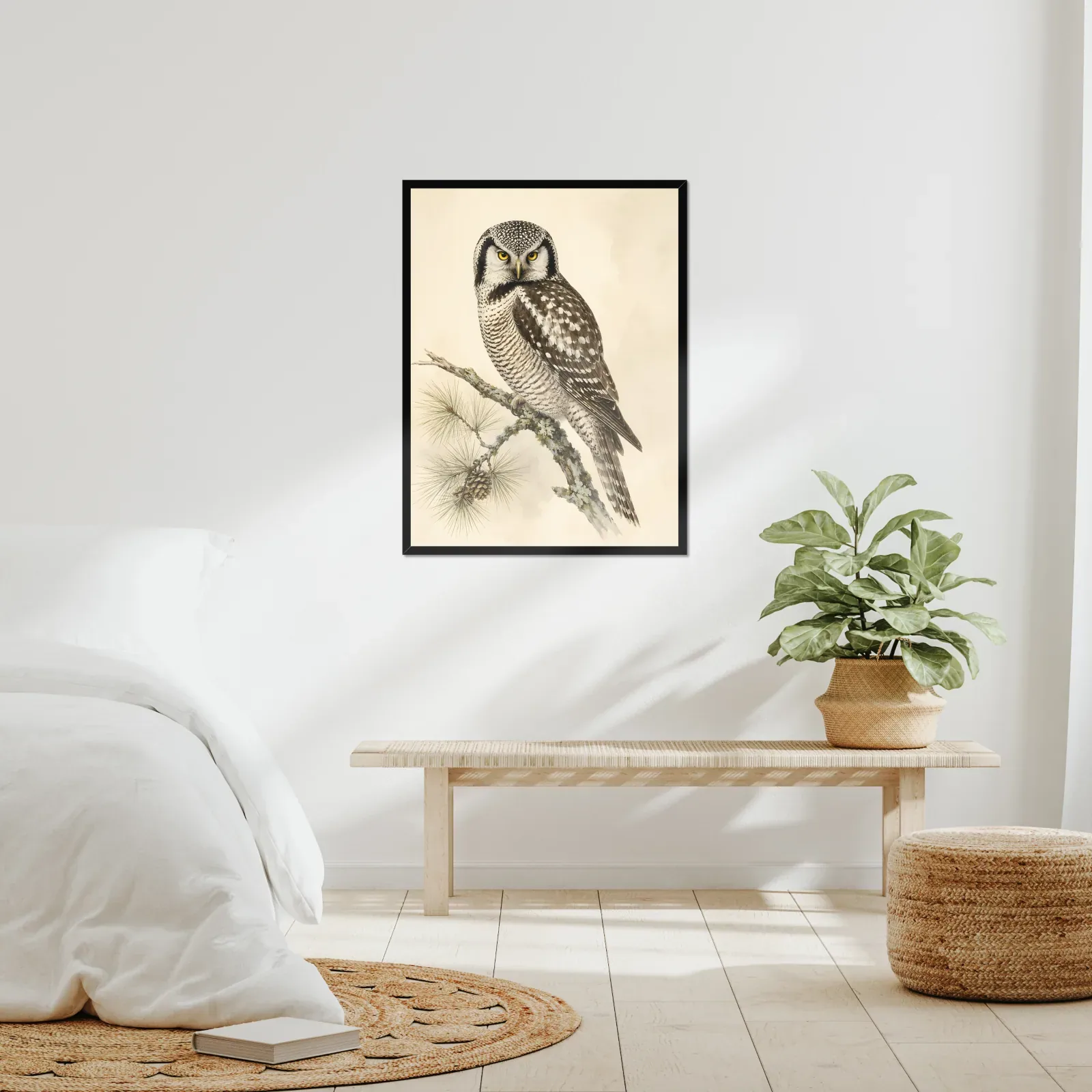 Northern Hawk Owl Print framed at 24x30 inches, shown on a wall to scale