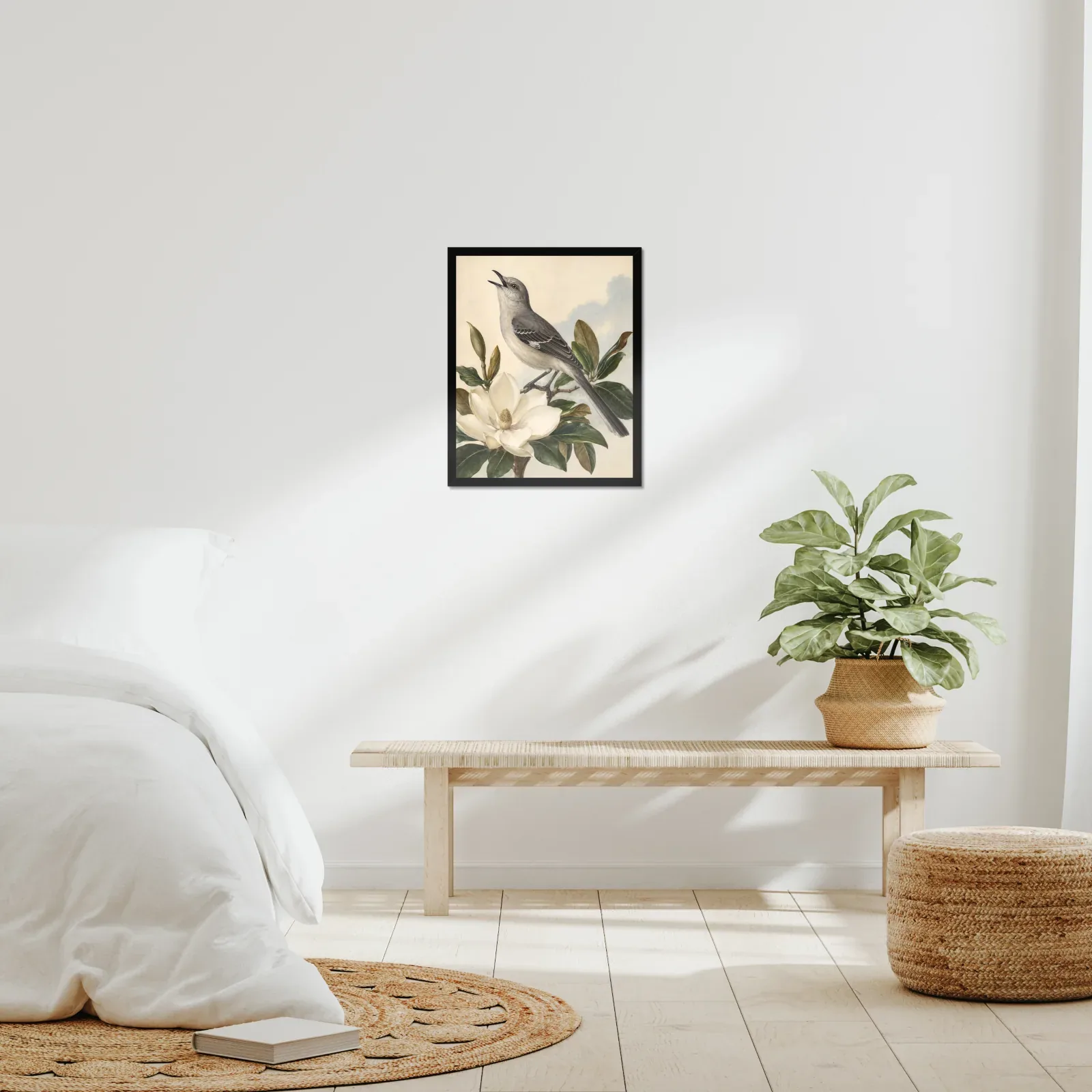 Northern Mockingbird Print framed at 16x20 inches, shown on a wall to scale