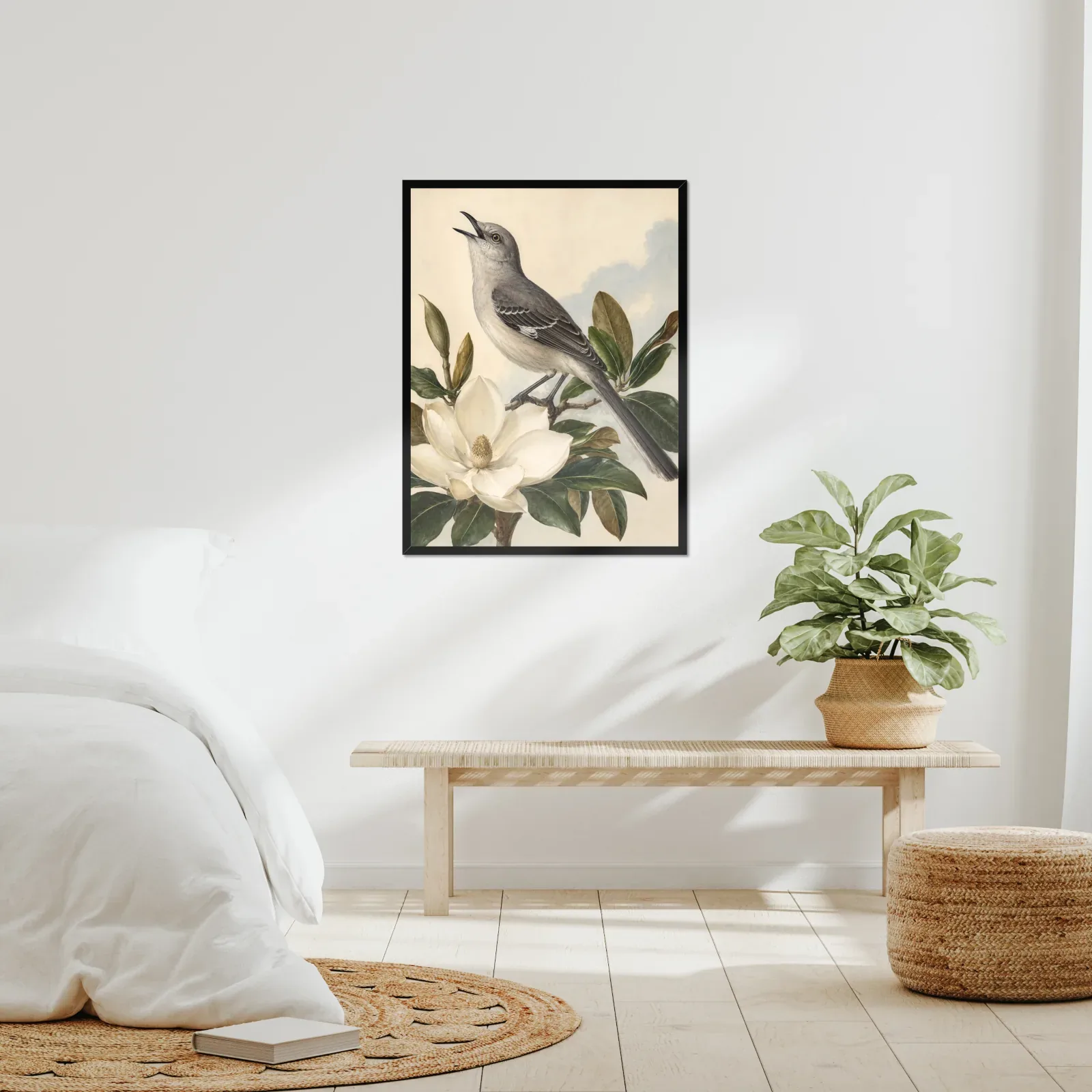 A framed bird print in a real room