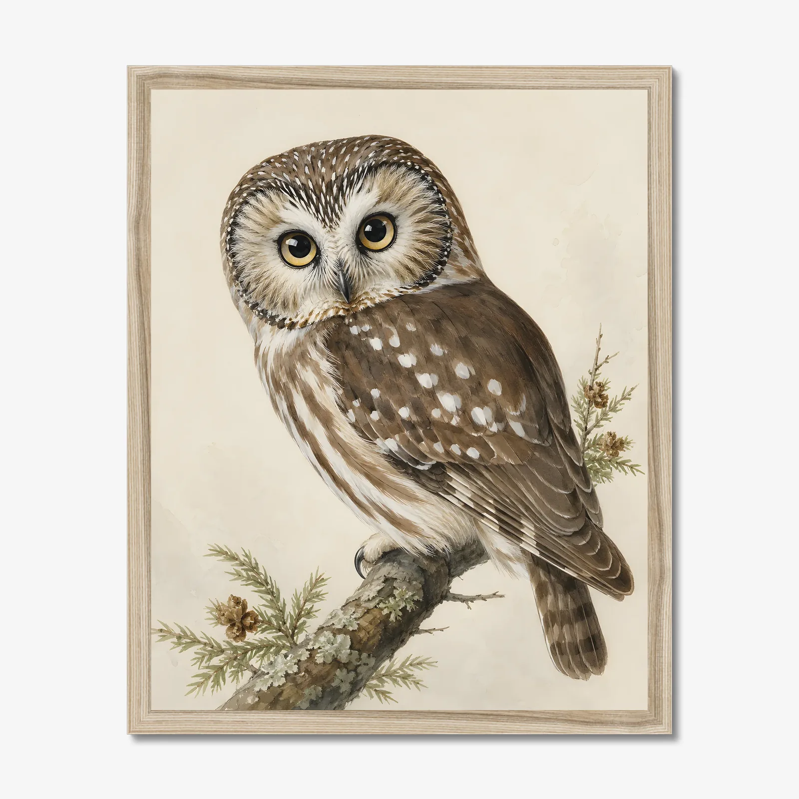 Northern Saw-whet Owl Print in a natural frame