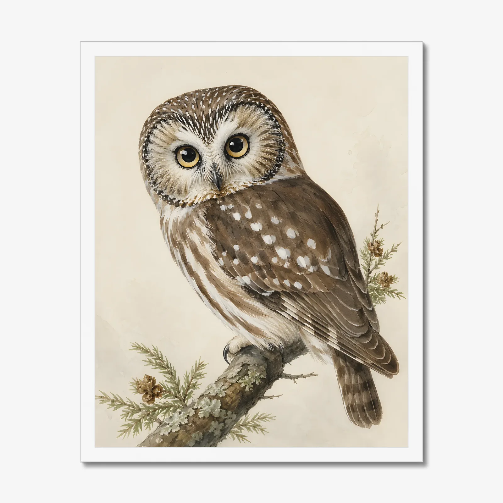 Northern Saw-whet Owl Print in a white frame