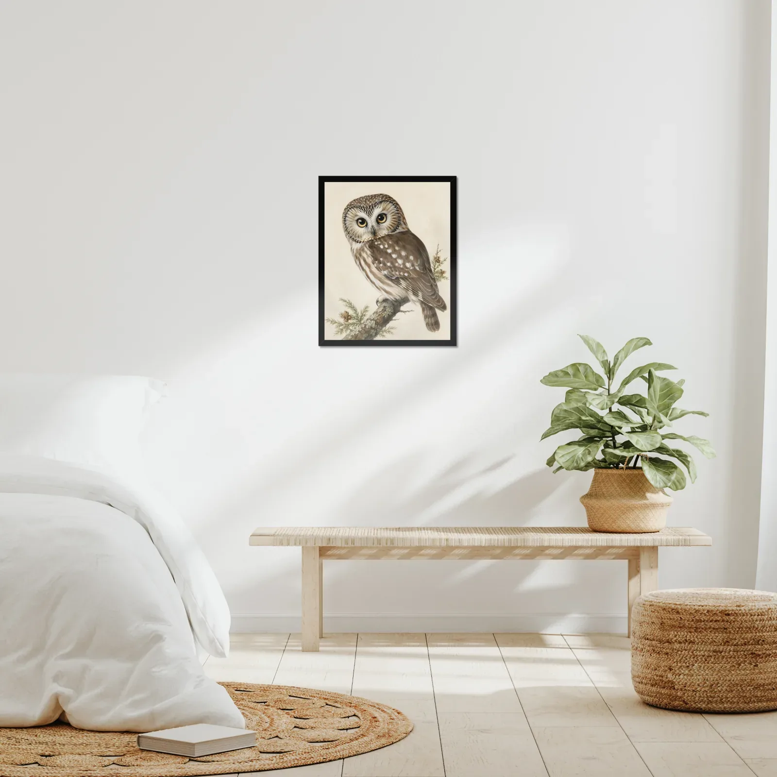 Northern Saw-whet Owl Print framed at 16x20 inches, shown on a wall to scale