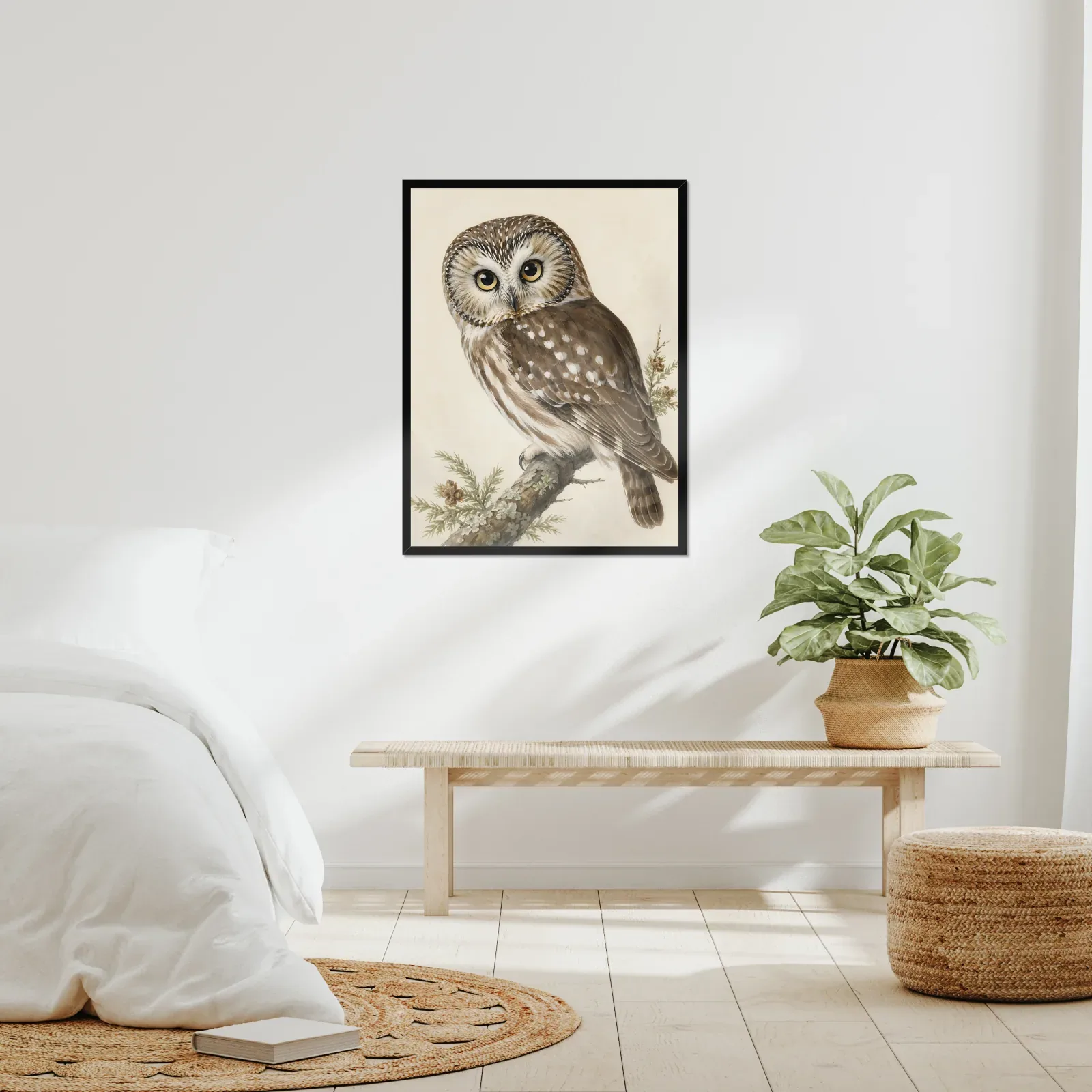 Northern Saw-whet Owl Print framed at 24x30 inches, shown on a wall to scale