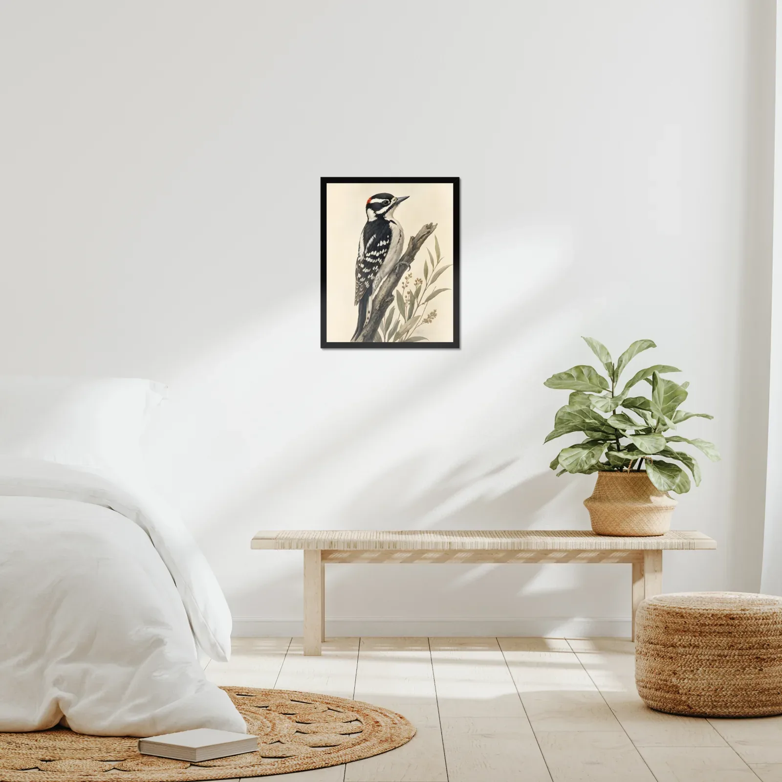 Nuttall's Woodpecker Print framed at 16x20 inches, shown on a wall to scale