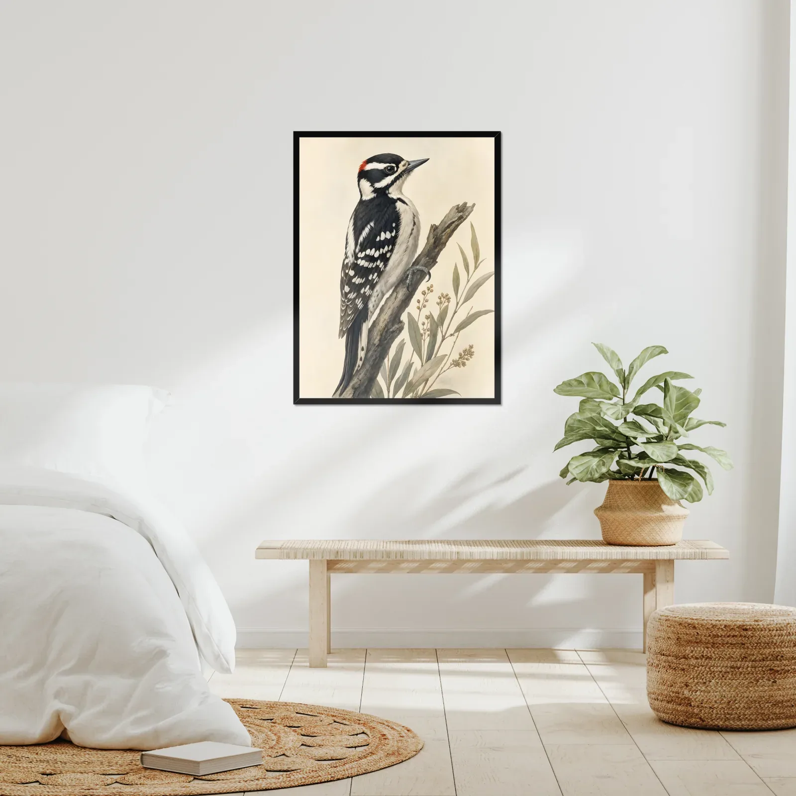 Nuttall's Woodpecker Print framed at 24x30 inches, shown on a wall to scale