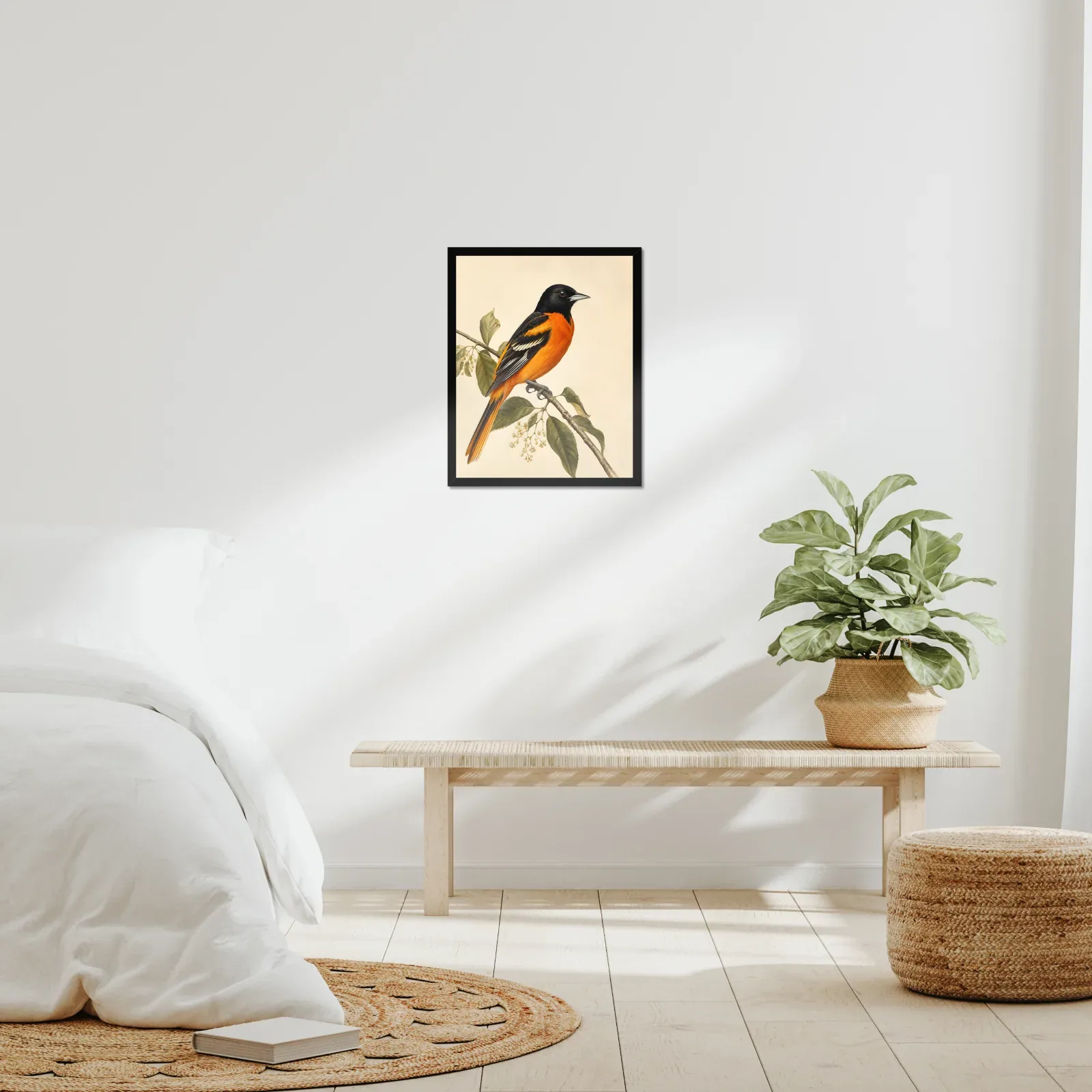 Orchard Oriole Print framed at 16x20 inches, shown on a wall to scale