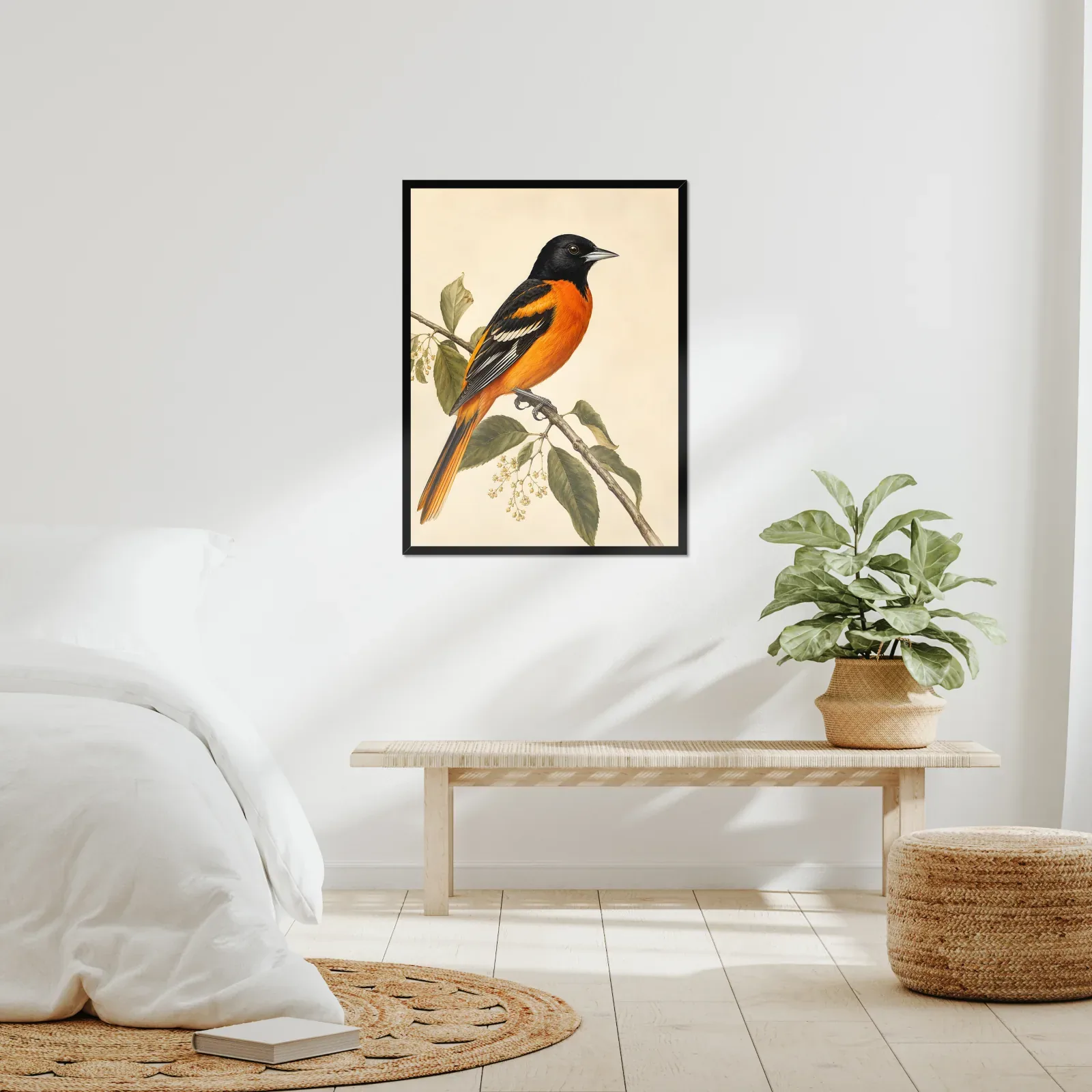 Orchard Oriole Print framed at 24x30 inches, shown on a wall to scale