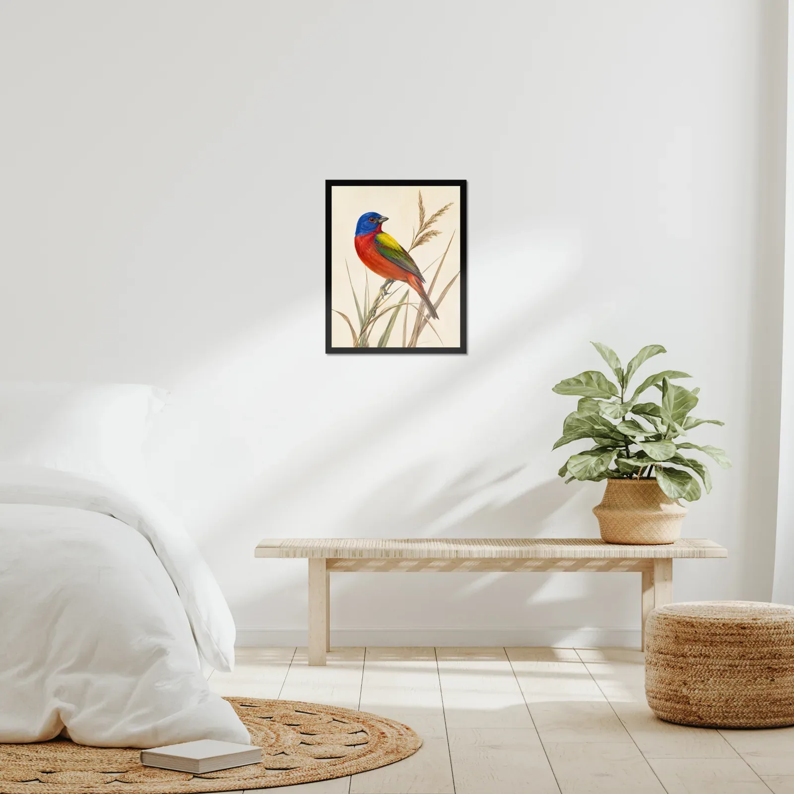 Painted Bunting Print - Colorful Audubon-Inspired Bird Wall Art framed at 16x20 inches, shown on a wall to scale